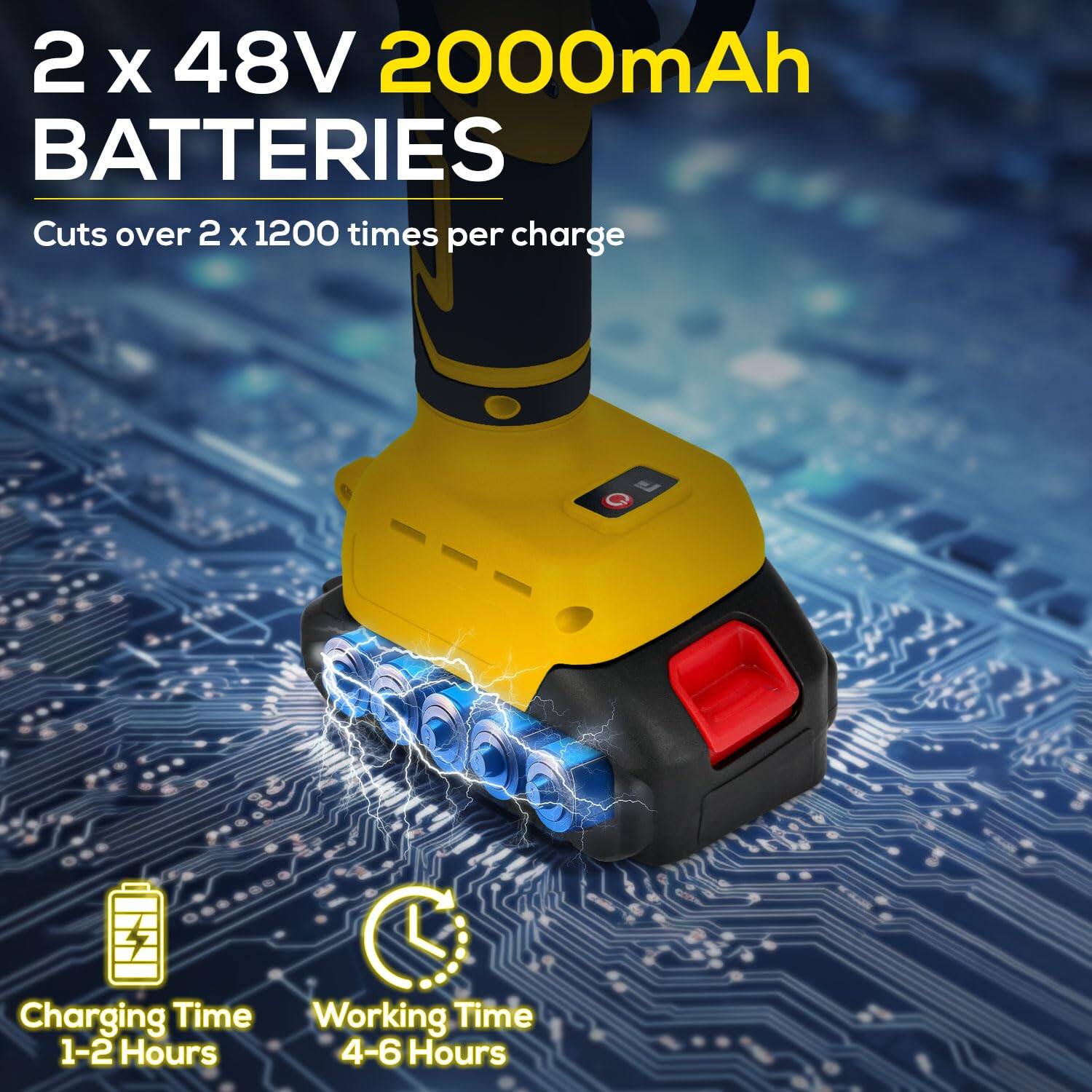2 x 48V 2000mAh BATTERIES  
Cuts over 2 x 1200 times per charge  

Charging Time: 1-2 Hours  
Working Time: 4-6 Hours