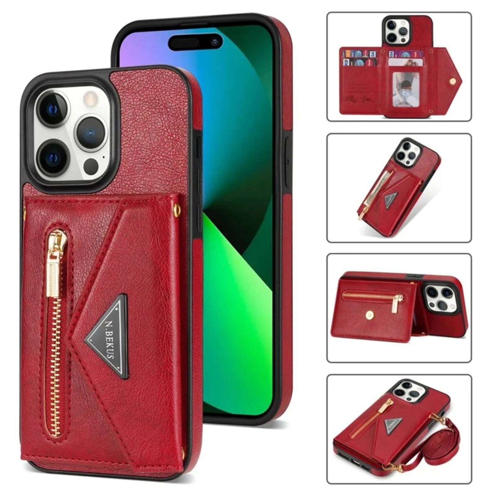 Front. UUCOVER - Wallet Case for Apple iPhone 16 Pro with Card Slots Holder, Zipper Pocket and Shoulder Strap, Flip Kickstand Phone Cover - Red.
