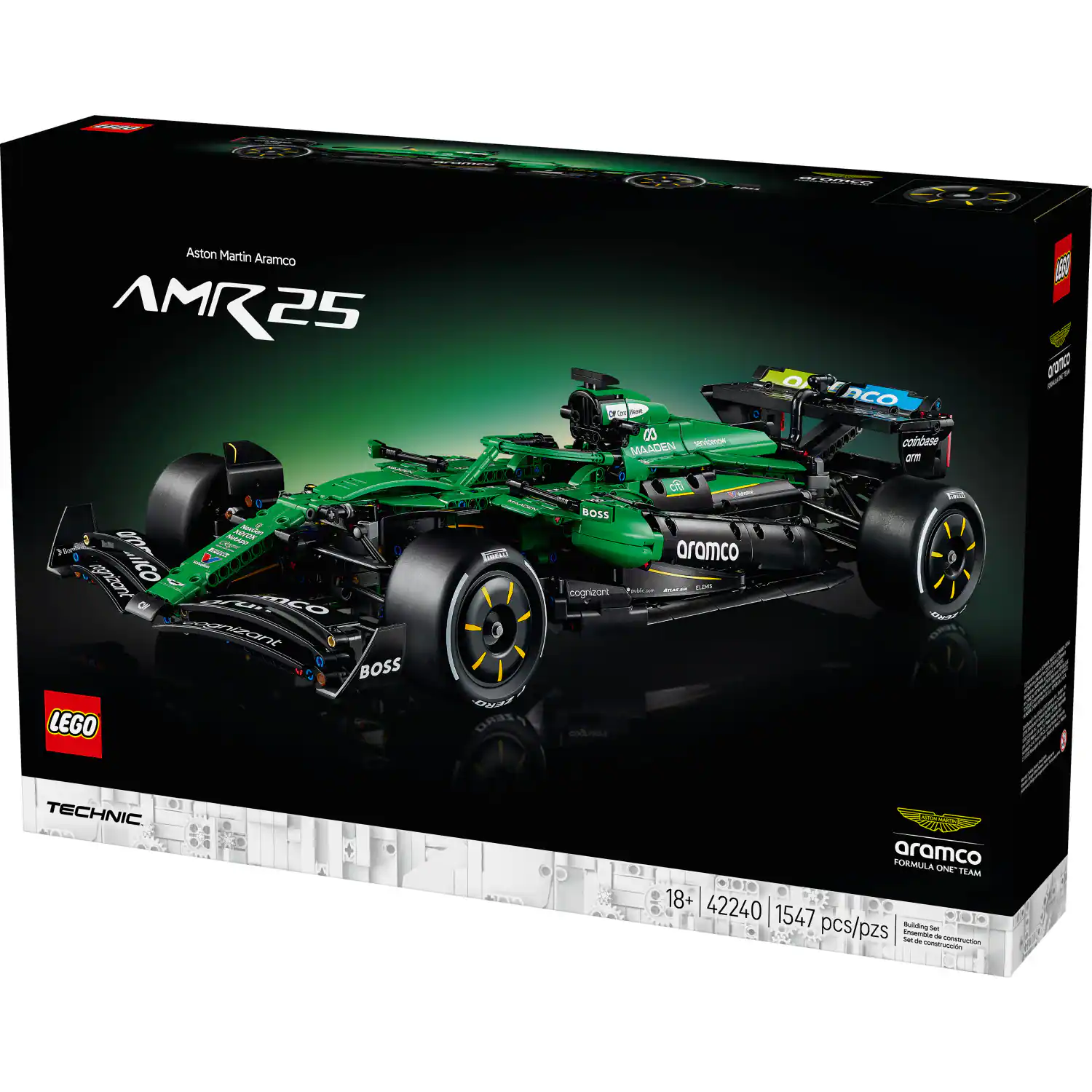 Aston Martin Aramco AMR25  
LEGO Technic  
42240  
18+  
1547 pcs/pzs  
Aramco Formula 1 Team