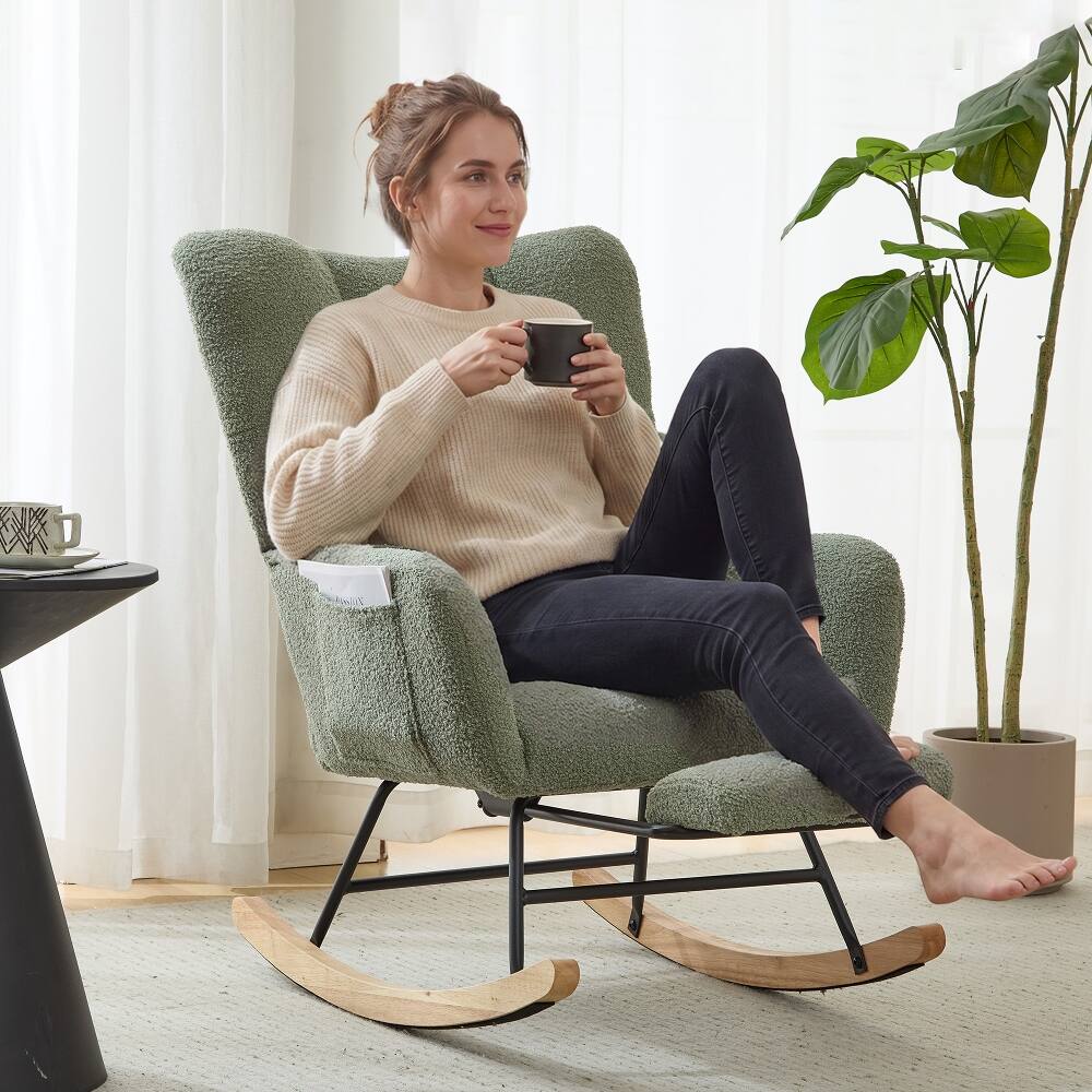 Angle. Loheer - Loheer Green Teddy Fabric Wingback Glider Rocker with Ottoman, Nursery Nursing Rocking Chair - Green.