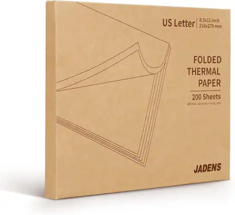 The text on the image is grouped and corrected as follows:
"8.5x11 inch US Letter 216x279 mm FOLDED THERMAL PAPER 200 Sheets BPA free quick-dry writing type JADENS"