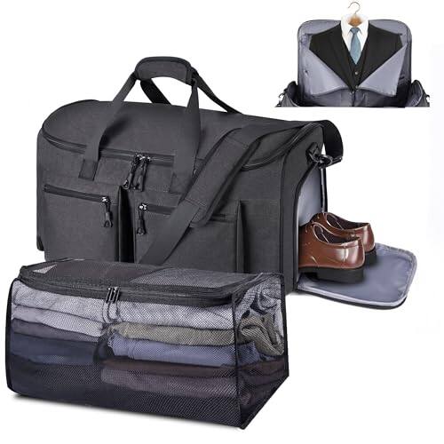 Front. DORLUKFU - Convertible Garment Duffel Bag with Mesh Storage Bag, Water-Resistance Carry On Garment Bag with Suit Compartment, 2 in - Black.