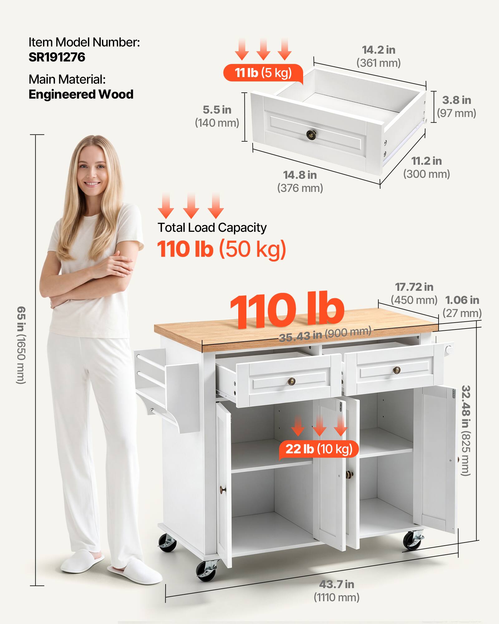Item Model Number: SR191276  
Main Material: Engineered Wood  
11 lb (5 kg)  
5.5 in (140 mm)  
14.2 in (361 mm)  
3.8 in (97 mm)  
14.8 in (376 mm)  
11.2 in (300 mm)  
65 in (1650 mm)  
Total Load Capacity: 110 lb (50 kg)  
110 lb  
35.43 in (900 mm)  
22 lb (10 kg)  
17.72 in (450 mm)  
1.06 in (27 mm)  
32.48 in (825 mm)  
43.7 in (1110 mm)