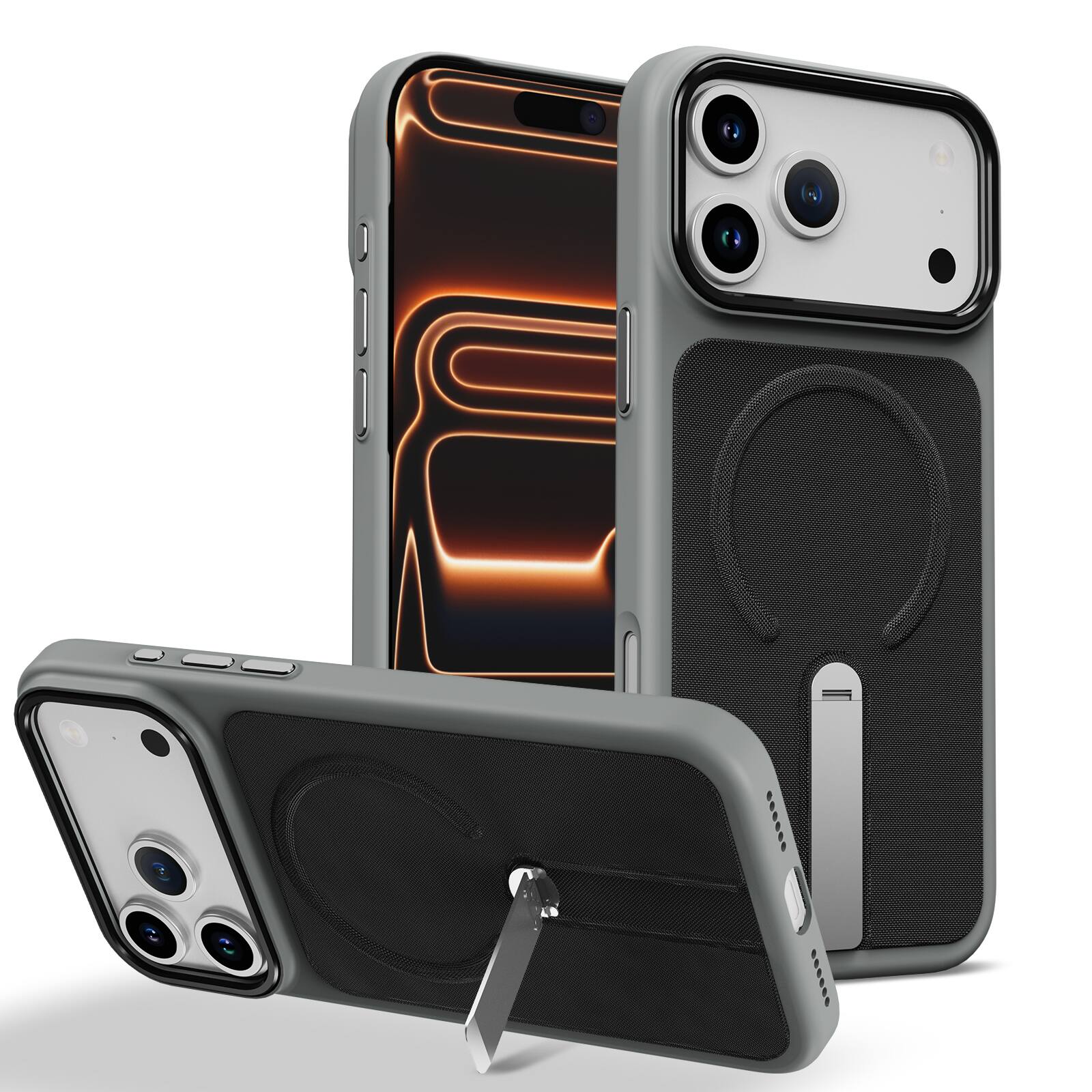 Dteck - Mag Safe Rugged Case For Apple iPhone 17 Pro Max Shockproof Non-slip Leather Foldable Kickstand Cover - Grayblack