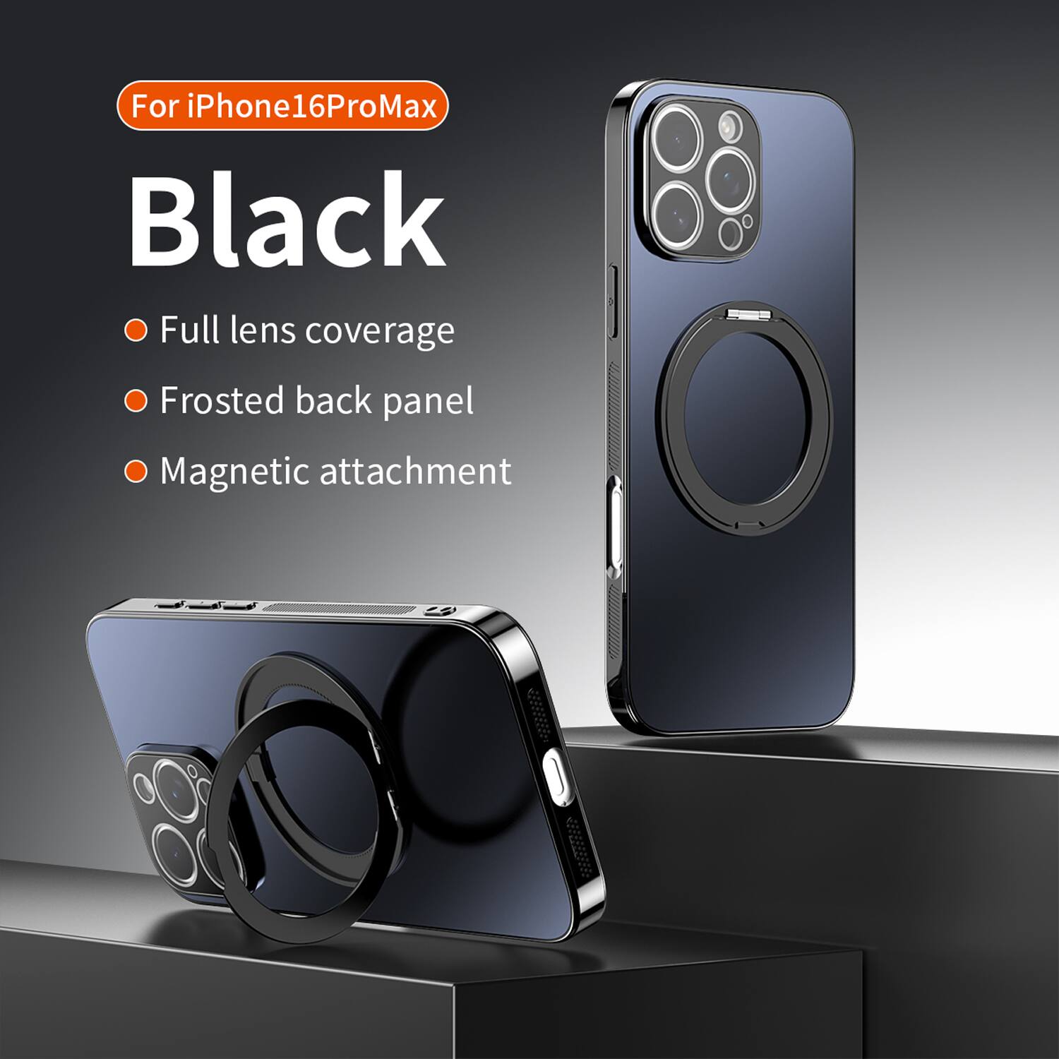 For iPhone16ProMax  
Black  
- Full lens coverage  
- Frosted back panel  
- Magnetic attachment