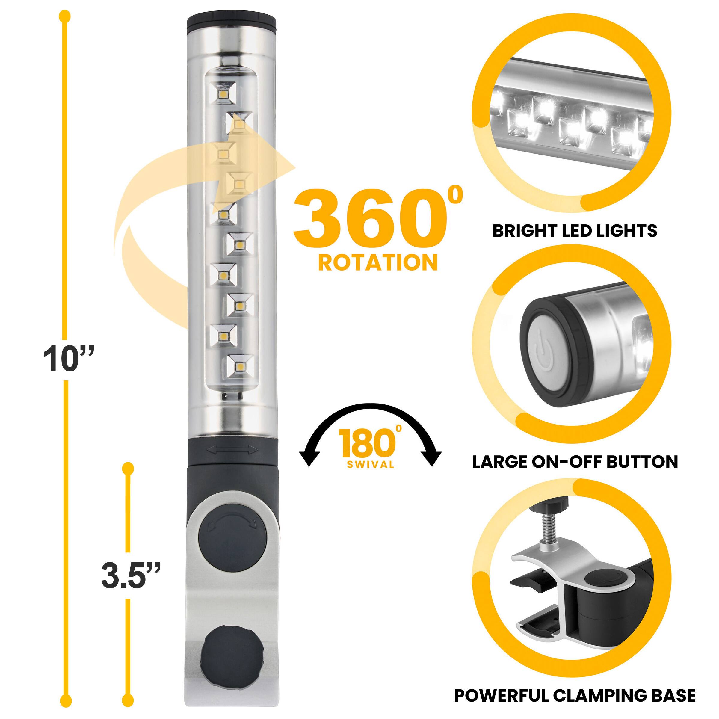 360° BRIGHT LED LIGHTS ROTATION  
10"  
180° SWIVEL  
LARGE ON-OFF BUTTON  
3.5" POWERFUL CLAMPING BASE