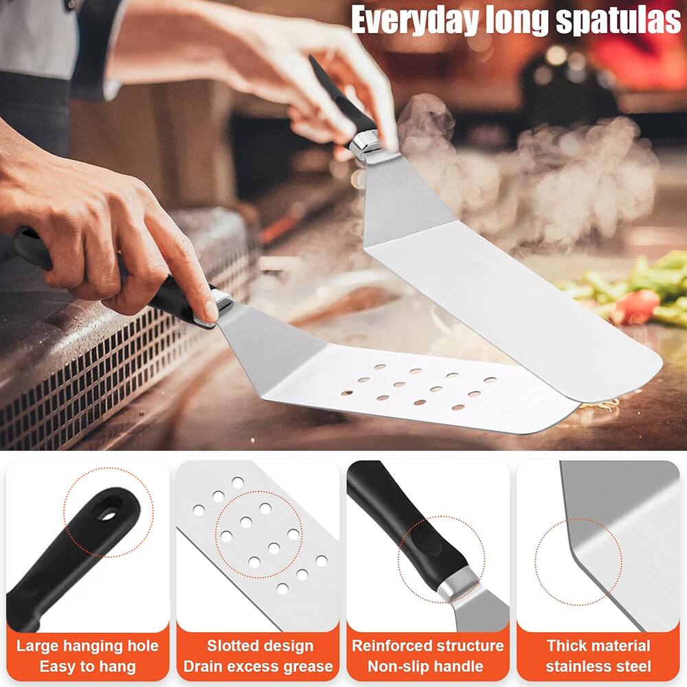 Everyday long spatulas

- Large hanging hole
- Easy to hang
- Slotted design
- Drain excess grease
- Reinforced structure
- Non-slip handle
- Thick material
- Stainless steel