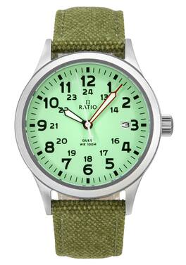 RATIO - Quest Mens Field Watch Sapphire Canvas Strap Quartz RTQ021 100M Lewis And Clark Edition - Green