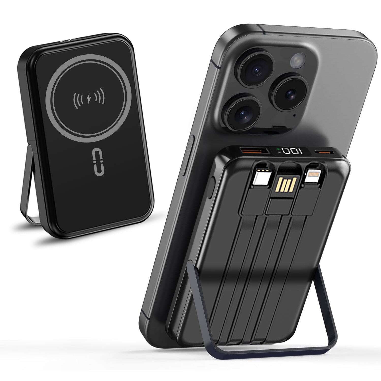 Back. Alpha Digital - 10,000mAh Magnetic Wireless Charge Power Bank with metal stand + built-in cables - Black.