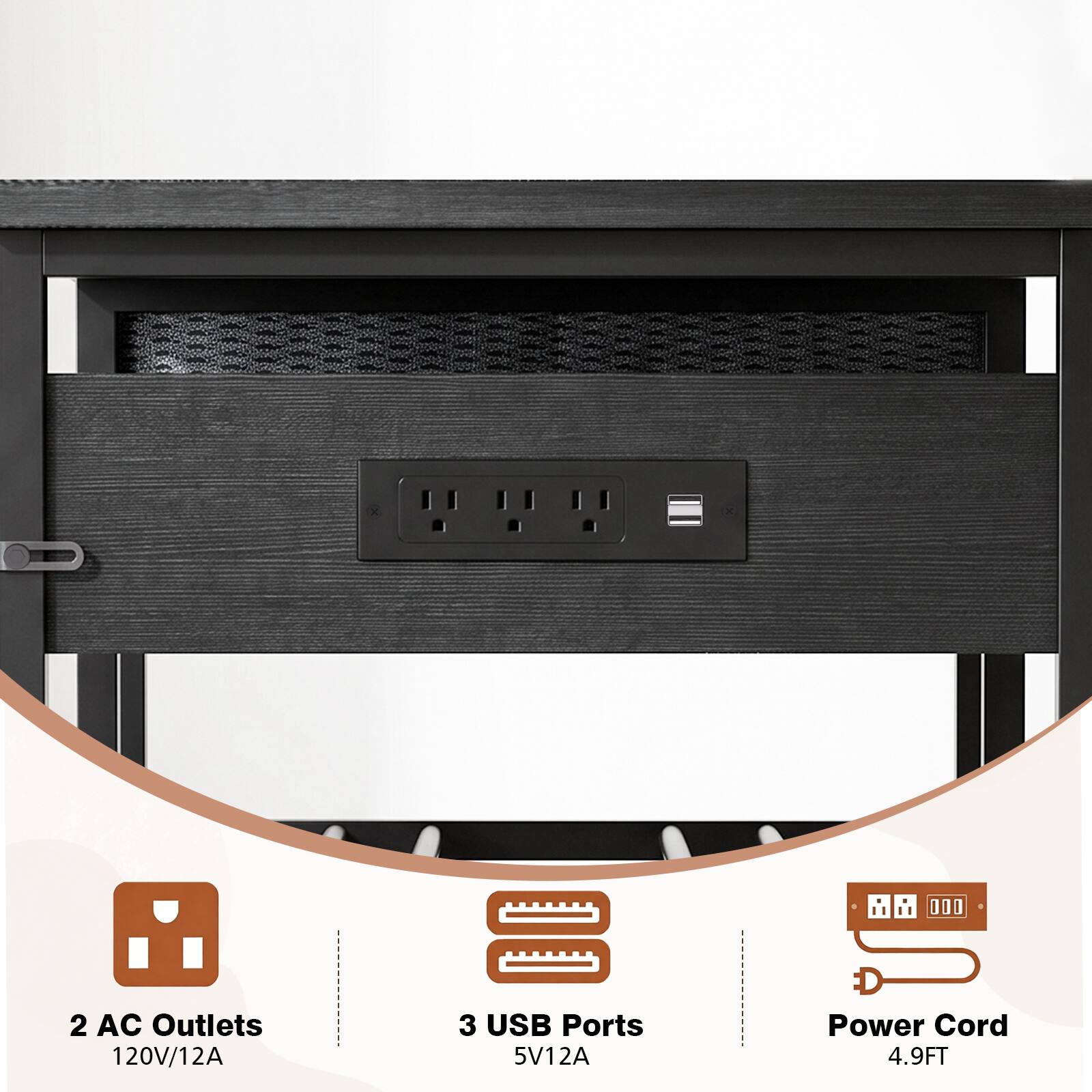 2 AC Outlets 120V/12A  
3 USB Ports 5V/12A  
Power Cord 4.9FT