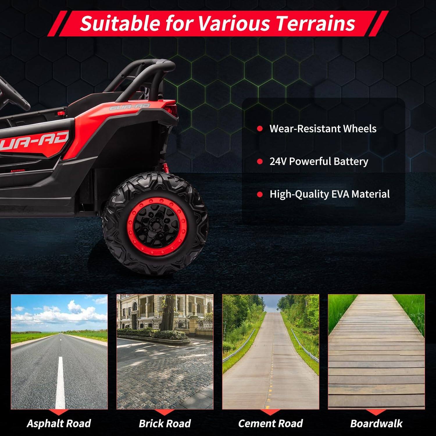 Suitable for Various Terrains

- Wear-Resistant Wheels
- 24V Powerful Battery
- High-Quality EVA Material

Asphalt Road  
Brick Road  
Cement Road  
Boardwalk