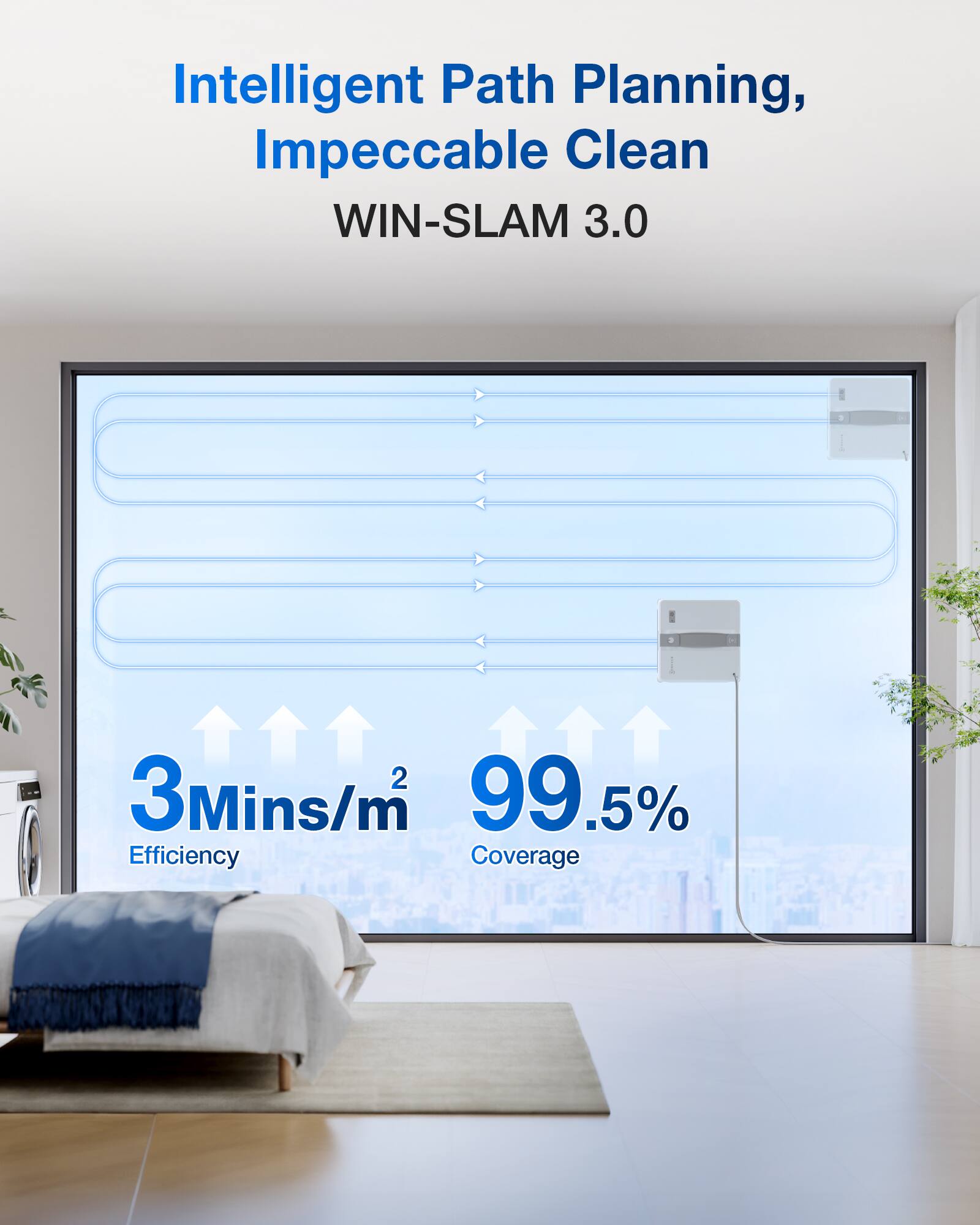 Intelligent Path Planning, Impeccable Clean  
WIN-SLAM 3.0  

3 Mins/m²  
99.5% Efficiency Coverage