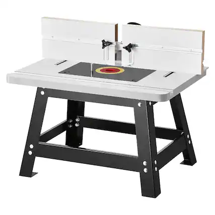 Front. VEVOR - Benchtop Router Table, 24 in x 15.7 in, Bench Top Routing Table with Adjustable Fence, MDF Top, Sturdy Metal Base - White top with black base.
