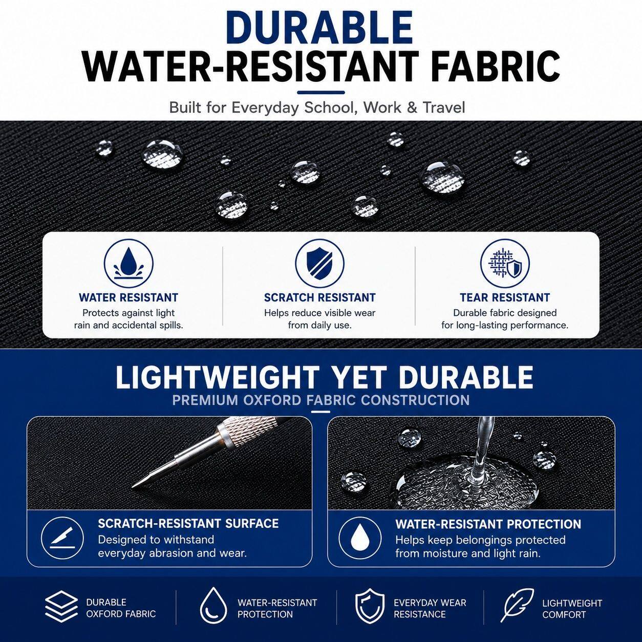 DURABLE WATER-RESISTANT FABRIC  
Built for Everyday School, Work & Travel  

WATER RESISTANT  
Protects against light rain and accidental spills.  

SCRATCH RESISTANT  
Helps reduce visible wear from daily use.  

TEAR RESISTANT  
Durable fabric designed for long-lasting performance.  

LIGHTWEIGHT YET DURABLE  
PREMIUM OXFORD FABRIC CONSTRUCTION  

SCRATCH-RESISTANT SURFACE  
Designed to withstand everyday abrasion and wear.  

WATER-RESISTANT PROTECTION  
Helps keep belongings protected from moisture and light rain.  

DURABLE OXFORD FABRIC  
WATER-RESISTANT PROTECTION  
EVERYDAY WEAR RESISTANCE  
LIGHTWEIGHT COMFORT