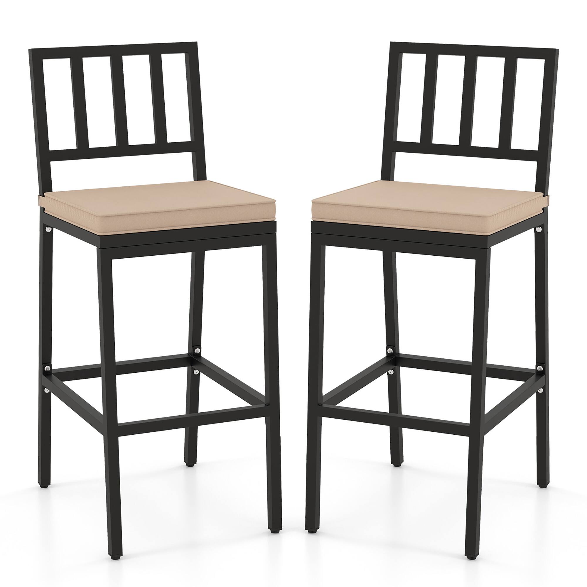 Alt View 9. Gymax - Gymax Patio Bar Chair Set of 2 Heavy Duty Metal All Weather Bar Stools w/ Backrest - Black, Beige.