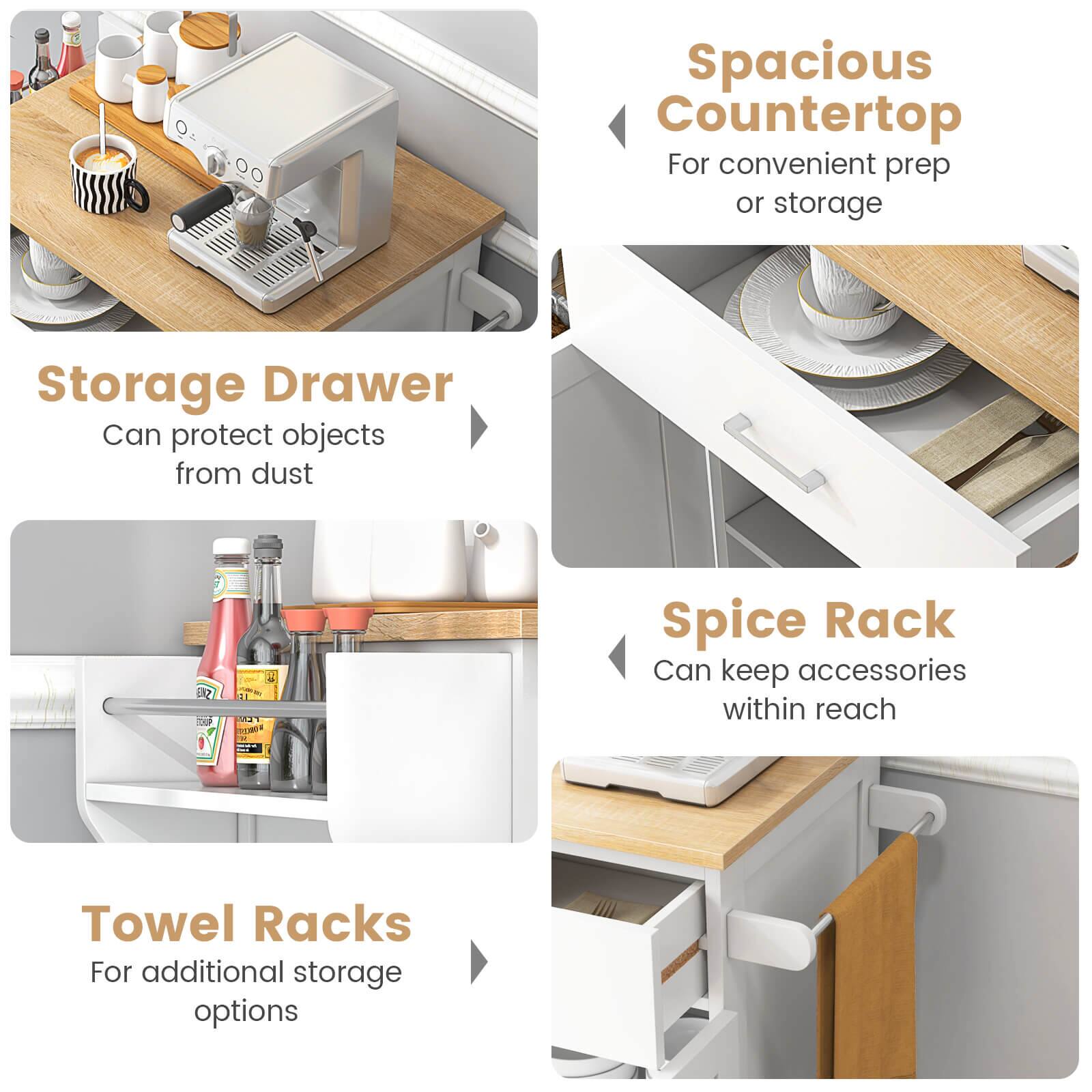 - Spacious Countertop  
  For convenient prep or storage

- Storage Drawer  
  Can protect objects from dust

- Spice Rack  
  Can keep accessories within reach

- Towel Racks  
  For additional storage options