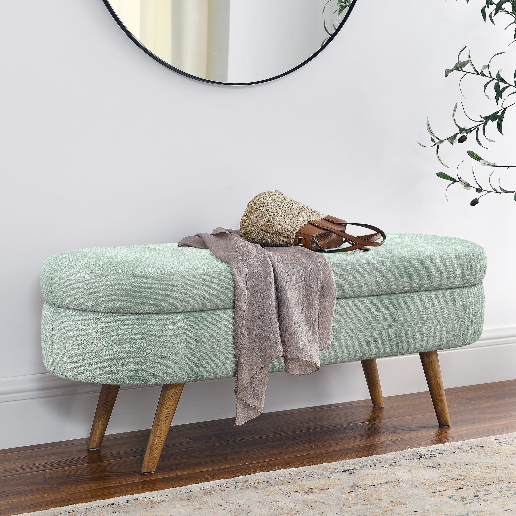 GOODSILO - Elegant Fabric Storage Ottoman Bench with Wooden Legs for Living Room or Bedroom Footrest and Seating - Cyan