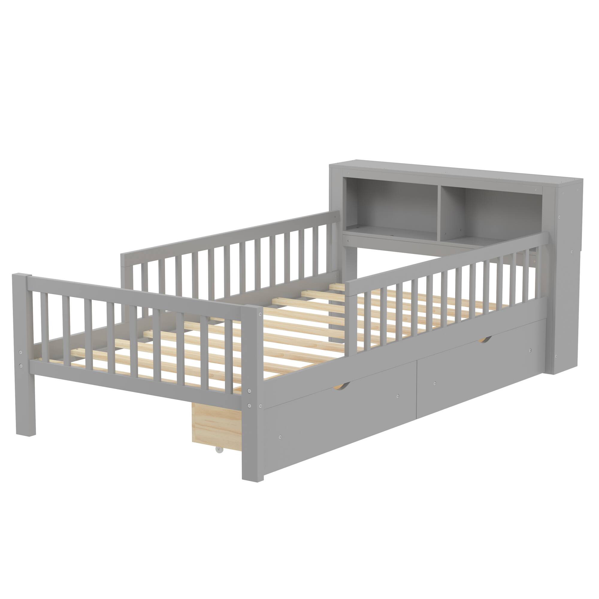 Alt View 5. GOODSILO - Twin Size Bed with Headboard Storage and Under-Bed Drawers Featuring Safety Guardrails - Gray.