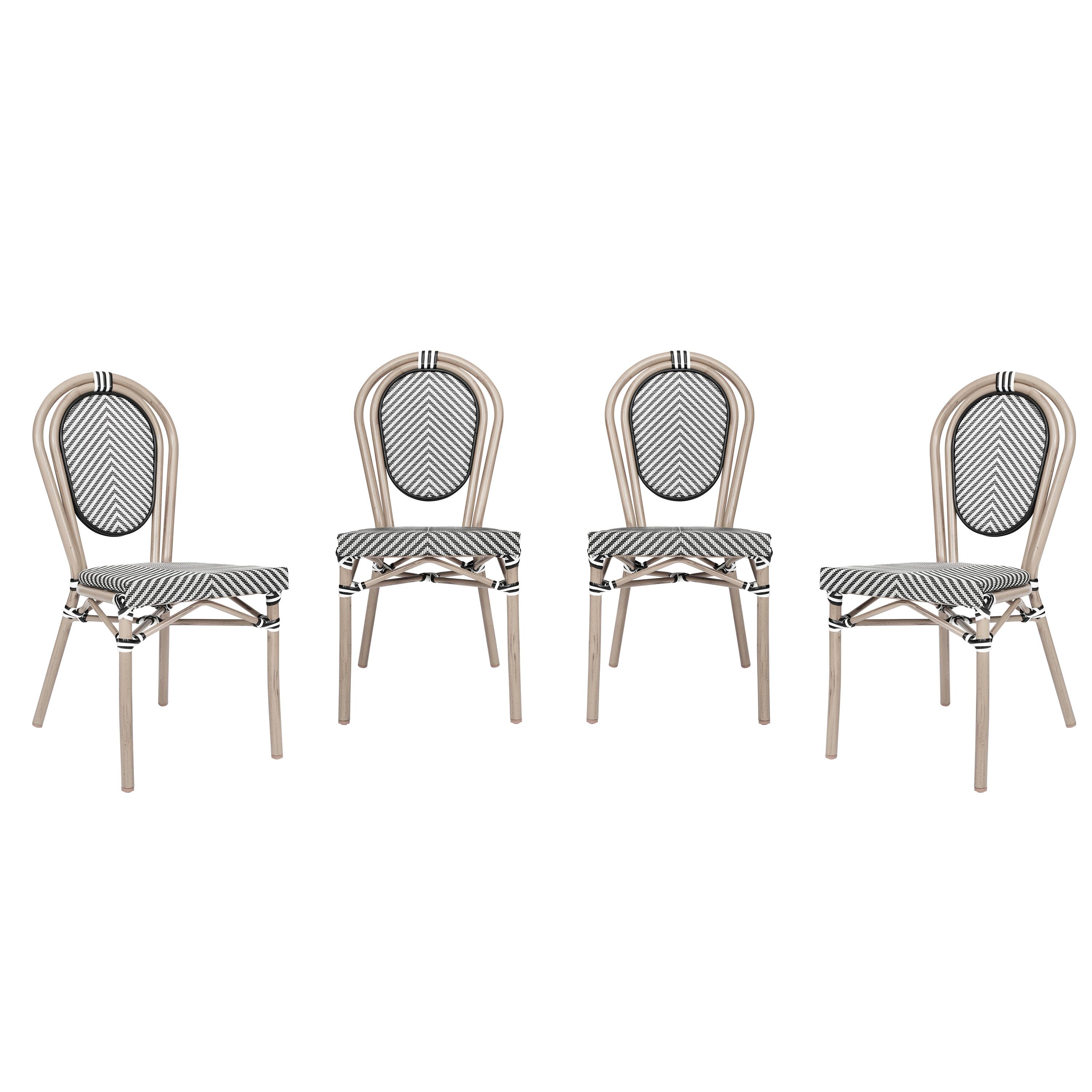 Front. Emma + Oliver - 4 Pack Stacking Bistro Chair with Bamboo Print Metal Frame - Black & White/Light Natural Frame.