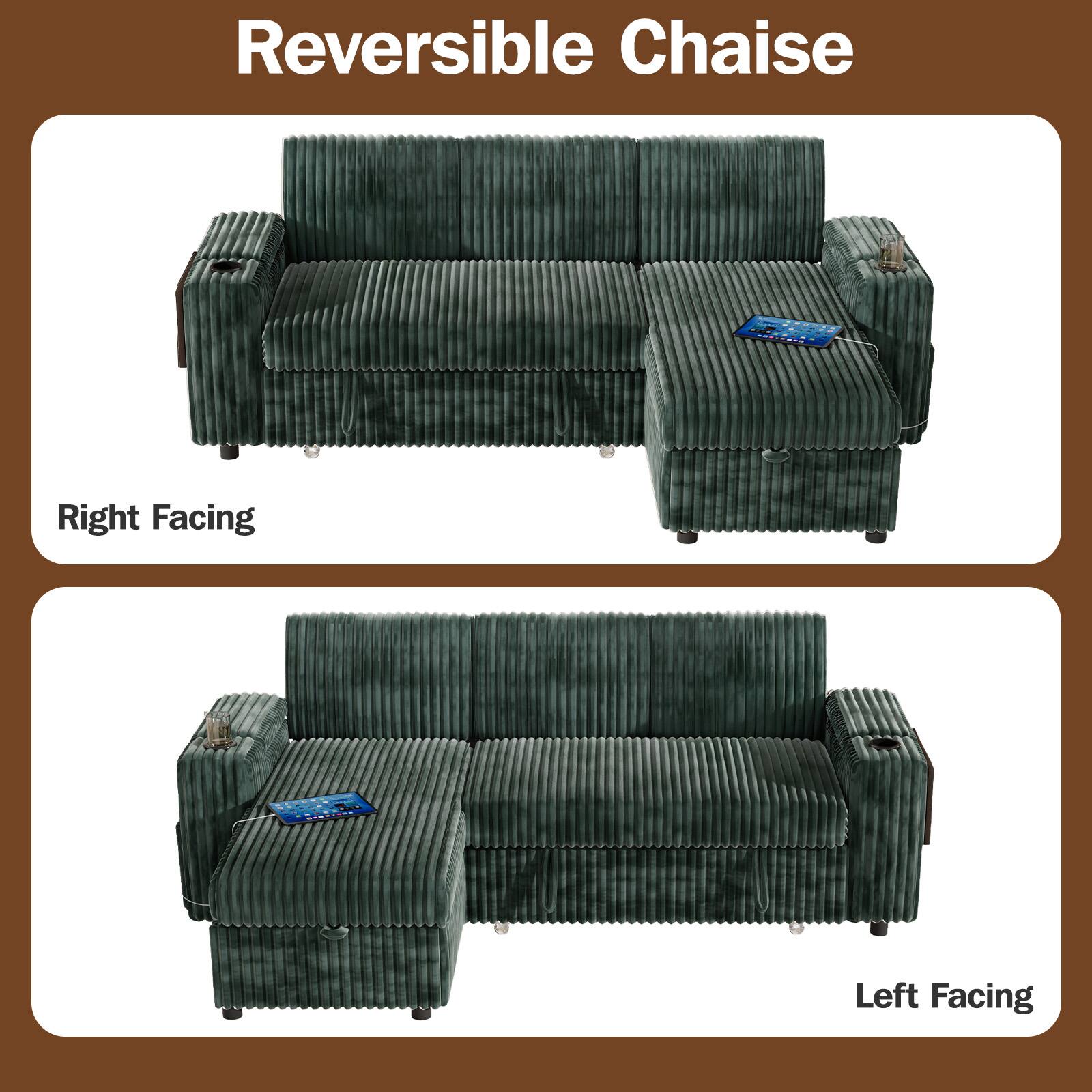 Back. Dyonery - Dyonery 85" Modular Sectional Sleeper Sofa with Pull Out Bed, 3 Seat L Shaped with Reclining Backrest,Corduroy Green - Green.