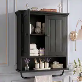 Aheaplus - Wall Mounted Bathroom Cabinet, 2 Door Medicine Cabinet with Adjustable Shelves and Towel Bar - Black