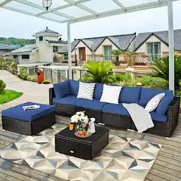 Costway - 6PCS Outdoor Patio Rattan Furniture Set Cushioned Sectional Sofa - Mix Brown/Navy