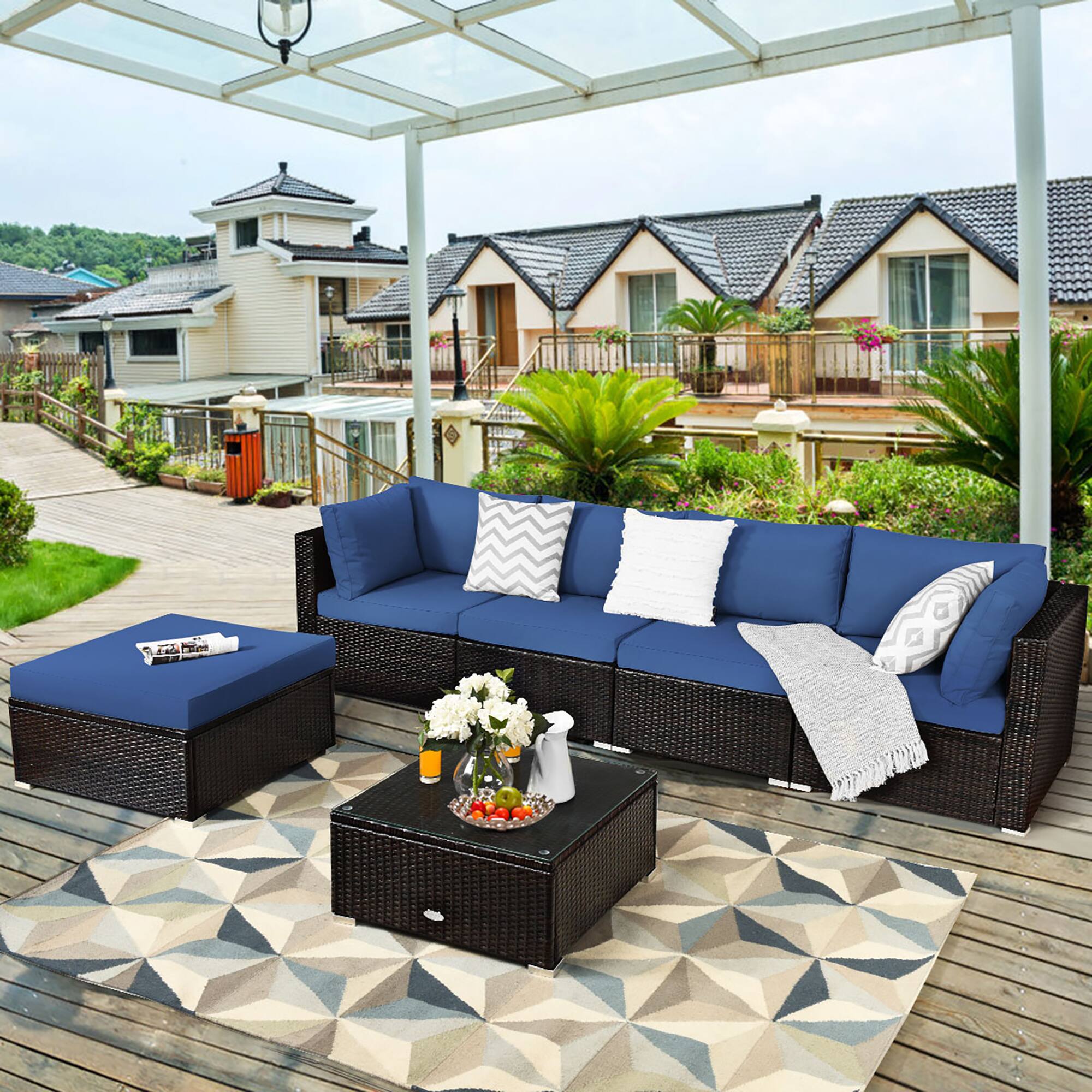 Alt View 1. Costway - Costway 6PCS Outdoor Patio Rattan Furniture Set Cushioned Sectional Sofa - Mix Brown,Navy.