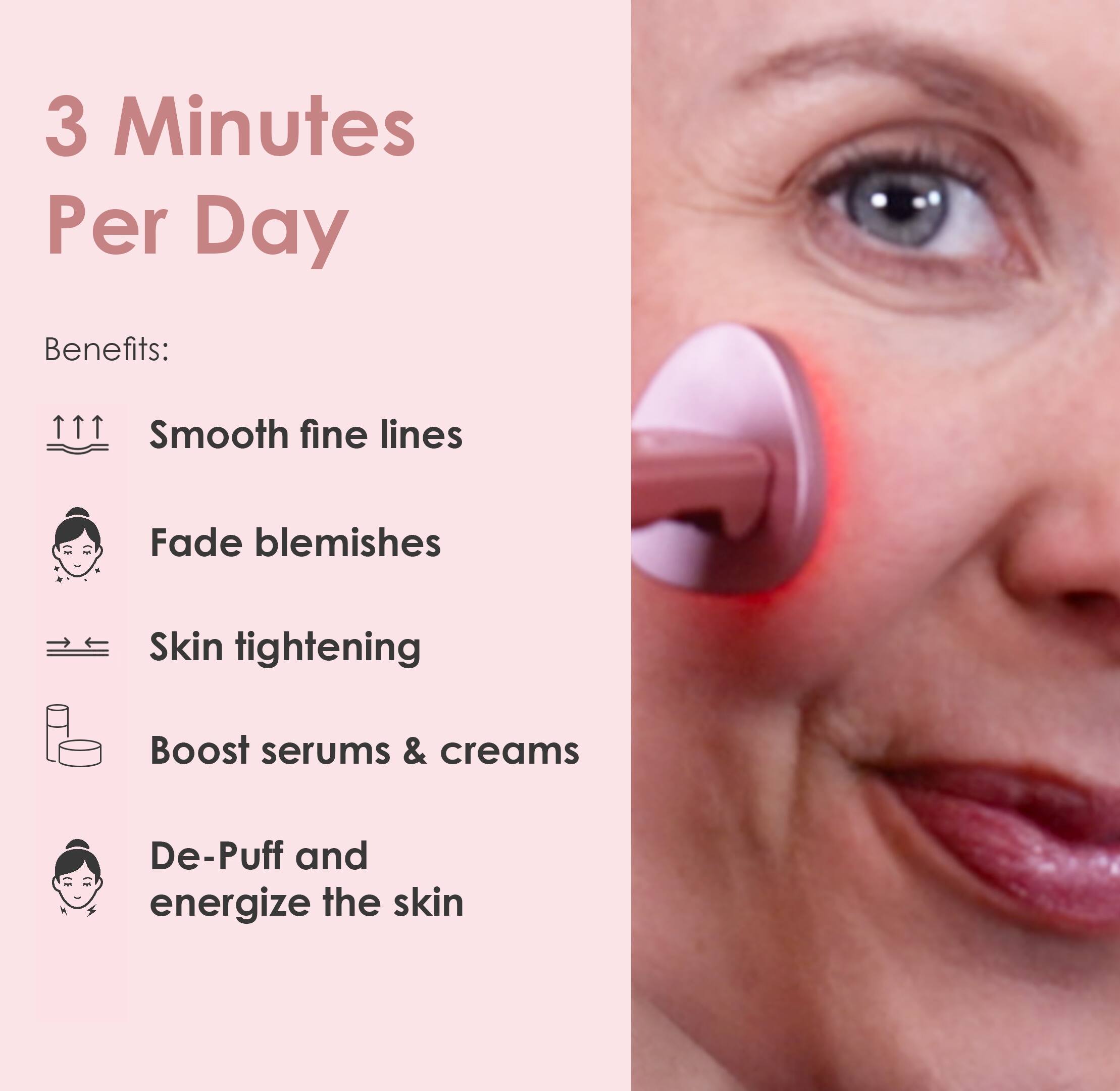 3 Minutes Per Day

Benefits:
- Smooth fine lines
- Fade blemishes
- Skin tightening
- Boost serums & creams
- De-Puff and energize the skin