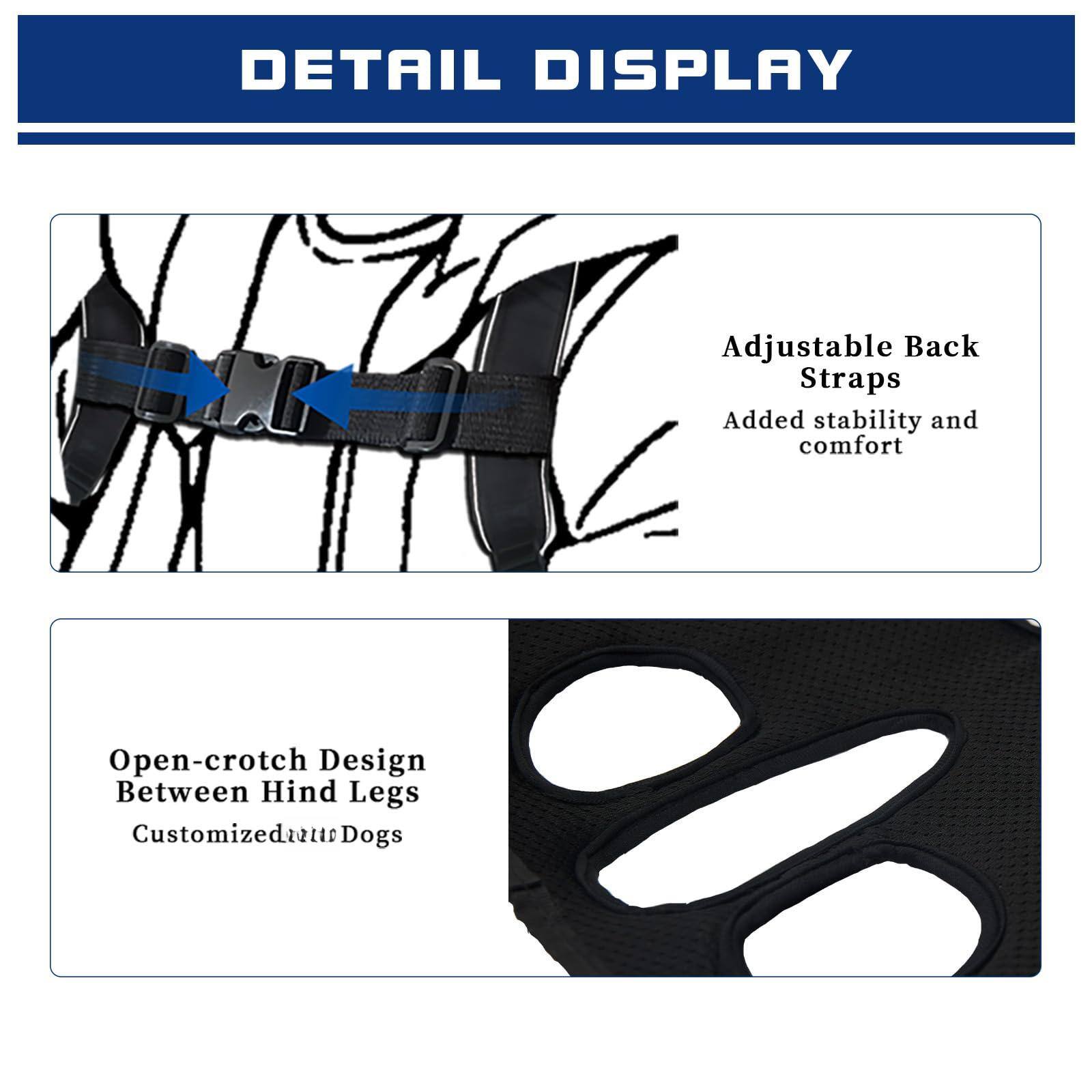 DETAIL DISPLAY

Adjustable Back Straps  
Added stability and comfort

Open-crotch Design  
Between Hind Legs  
Customized for Dogs