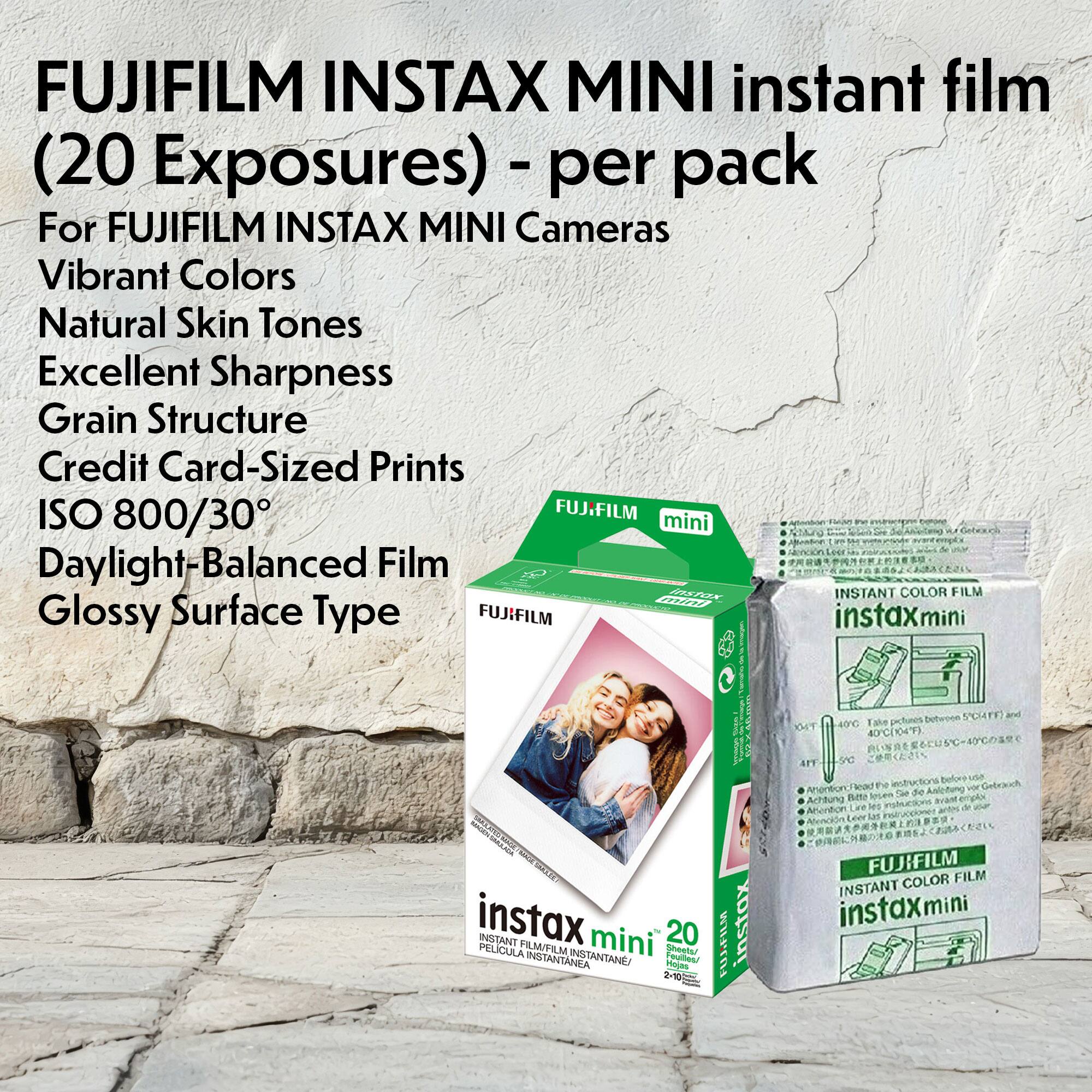 FUJIFILM INSTAX MINI instant film (20 Exposures) - per pack For FUJIFILM INSTAX MINI Cameras Vibrant Colors Natural Skin Tones Excellent Sharpness Grain Structure Credit Card-Sized Prints ISO 800/30° Daylight-Balanced Film Glossy Surface Type