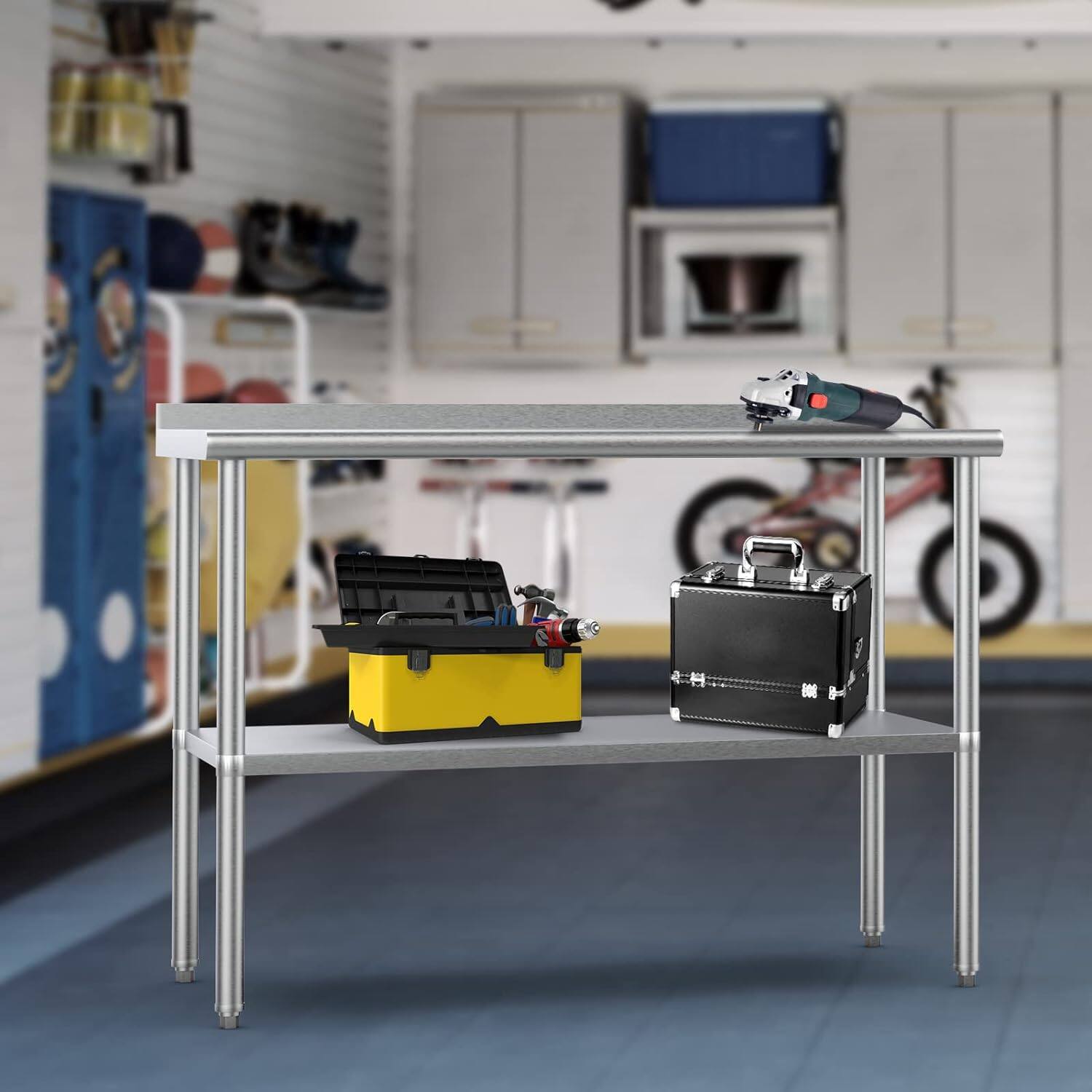 Back. Winado - 70.9" x 23.6" Stainless Steel Table Heavy Duty Workbench with Backsplash and Undershelf for Garage & Commercial Kitchen - Silver.