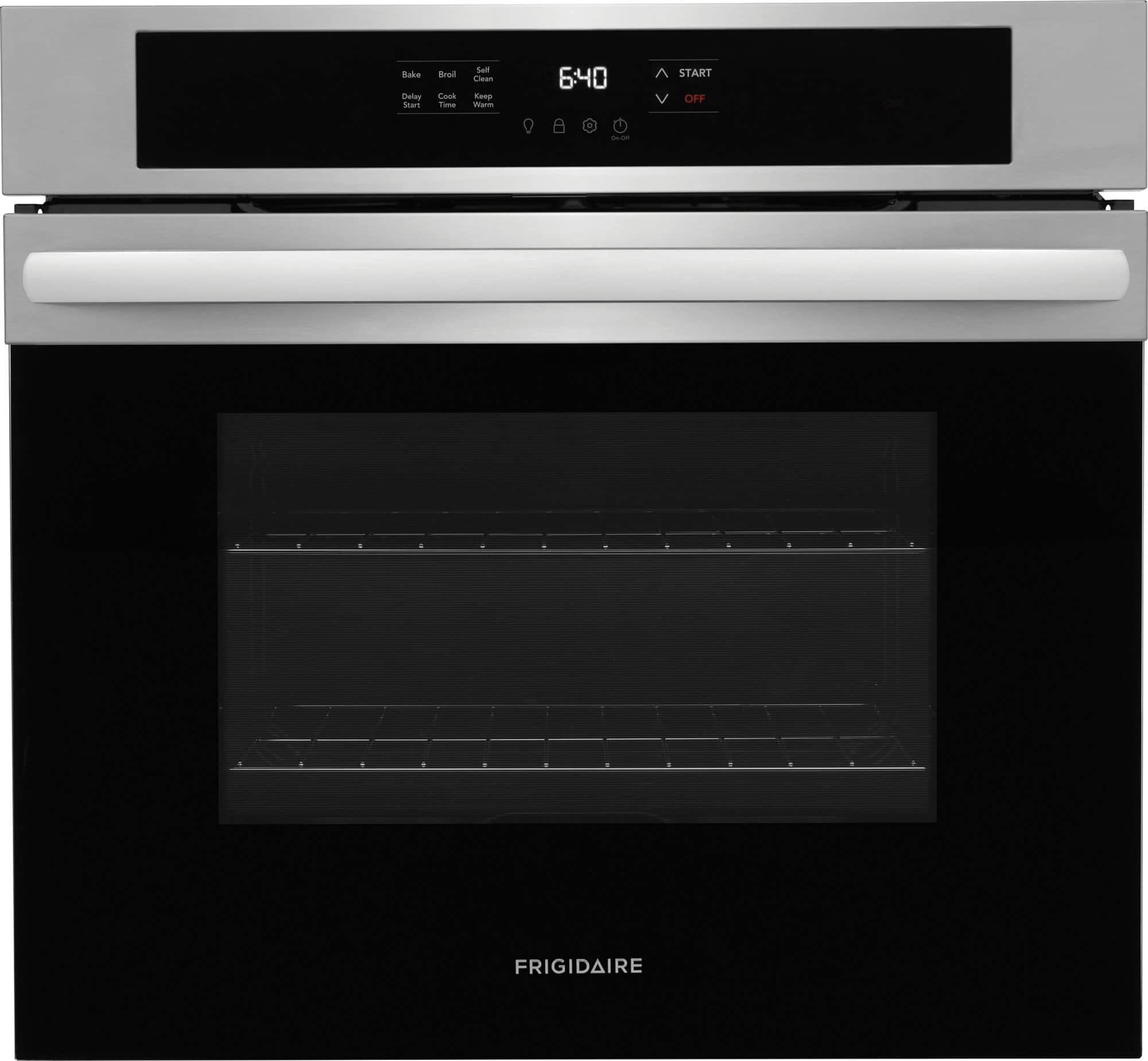 Frigidaire oven with a digital clock on the front.