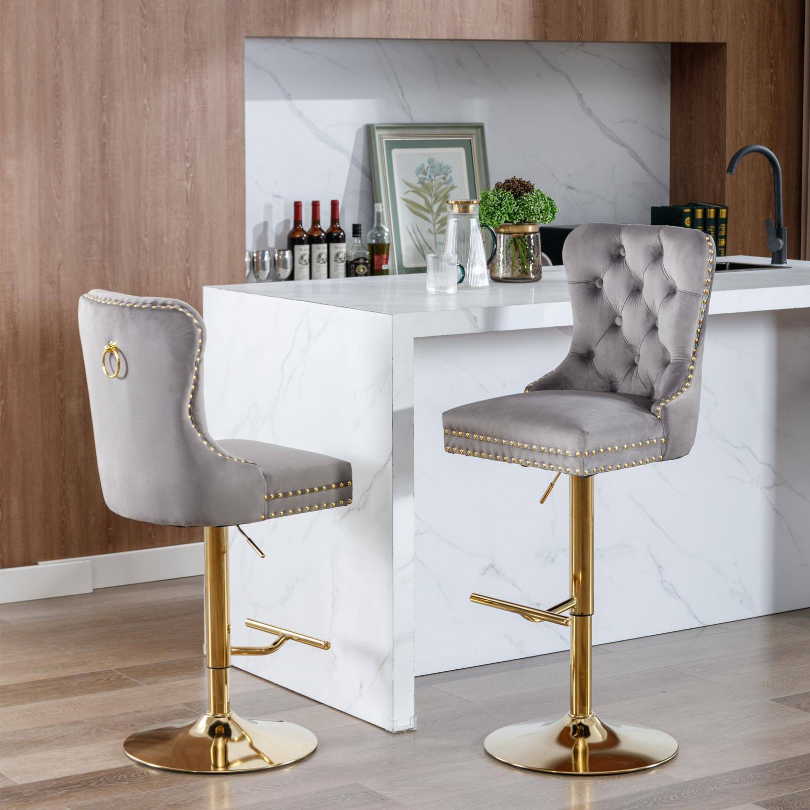 Back. SlickBlue - Swivel Barstools Modern Upholstered Counter Chairs with Tufted Back & Adjustable Seat for Kitchen & Bar - Grey.
