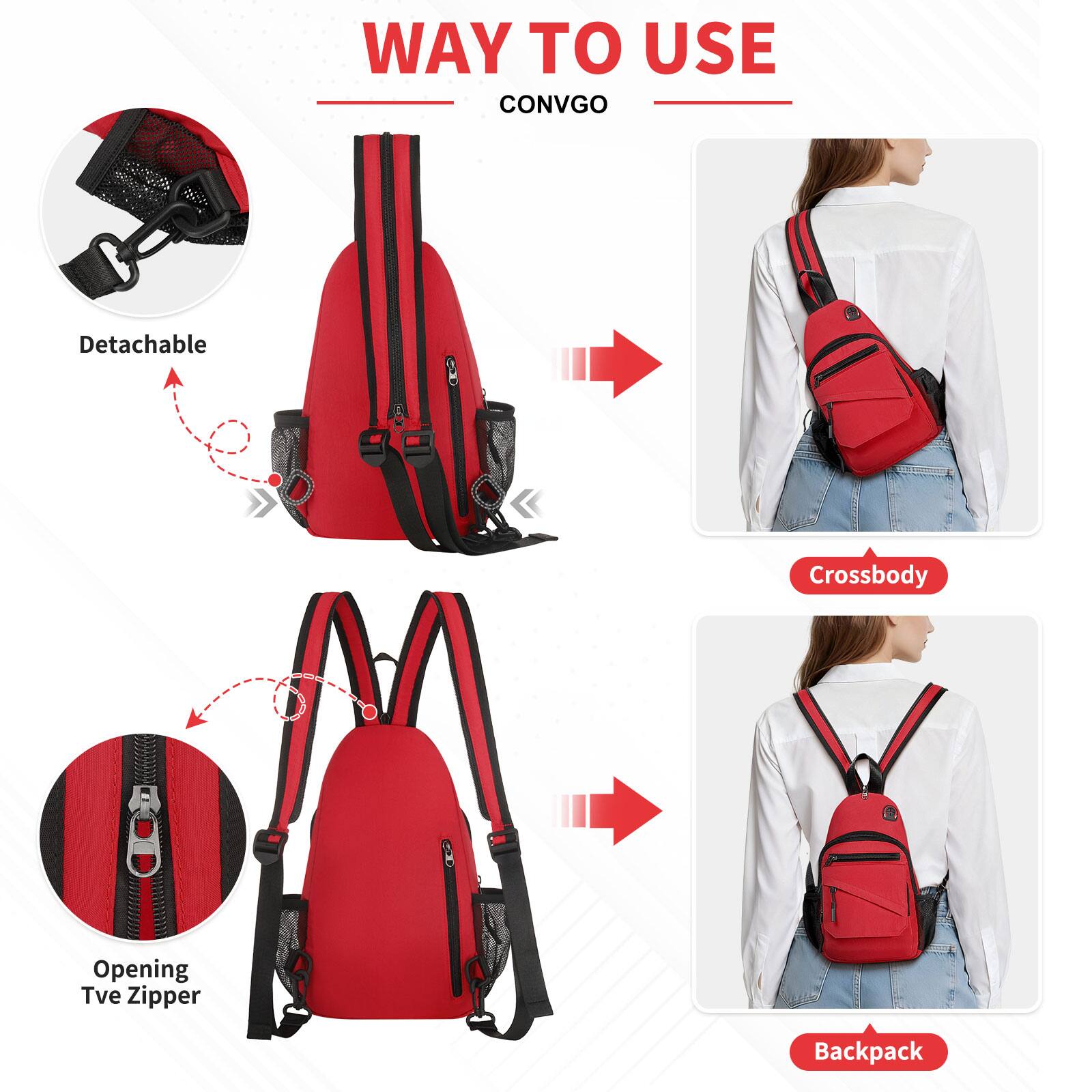 WAY TO USE  
CONVGO  

- Detachable  
- Opening Tve Zipper  

- Crossbody  
- Backpack