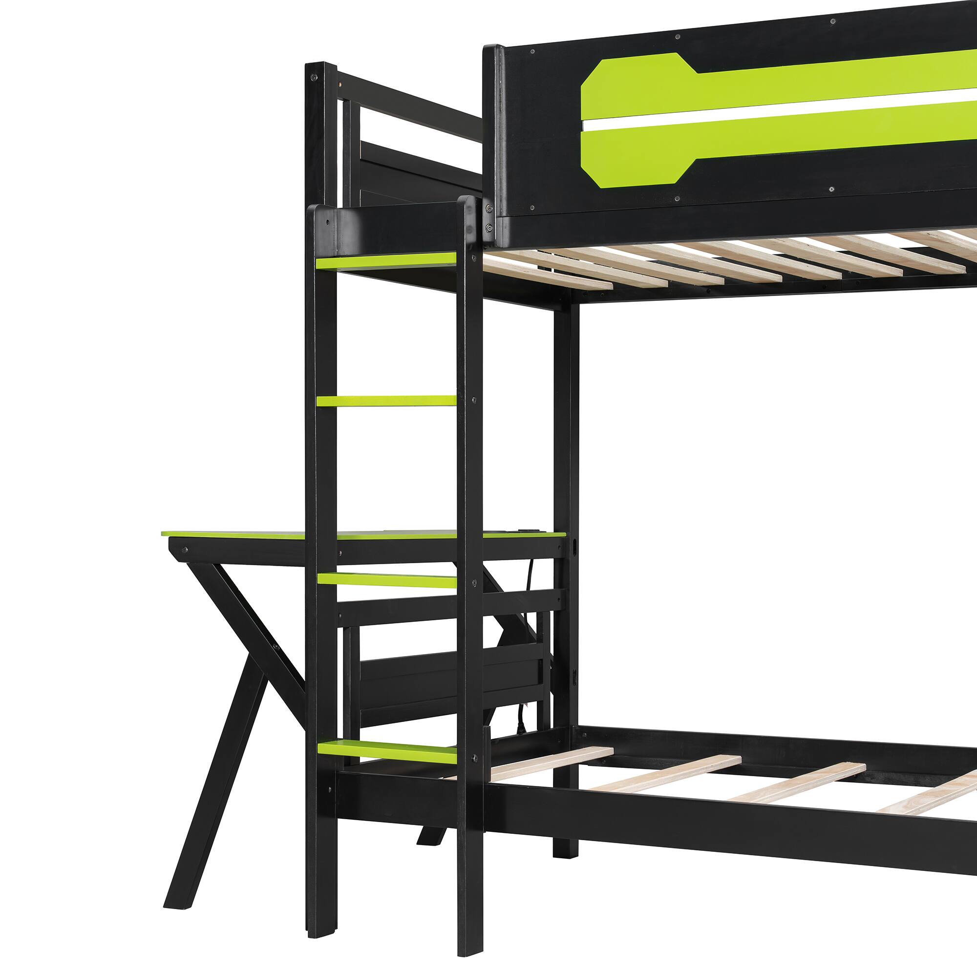 Alt View 6. Anysun - Twin Size Bunk Bed with Two Built-In Gaming Desks, USB Desktop Ports & Pegboard Organizer, Gaming Bunk Frame for Gamer - Green.