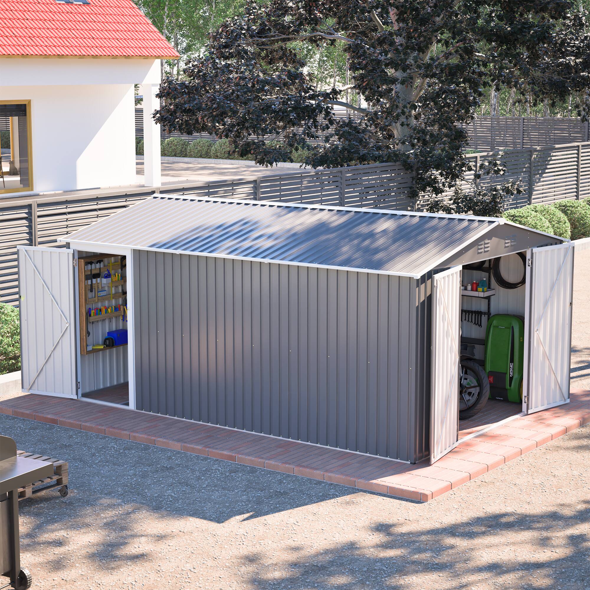 Angle. Mondawe - 10x14 FT Outdoor Metal Storage Shed with 3 Lockable Doors & Side Door - Gray.