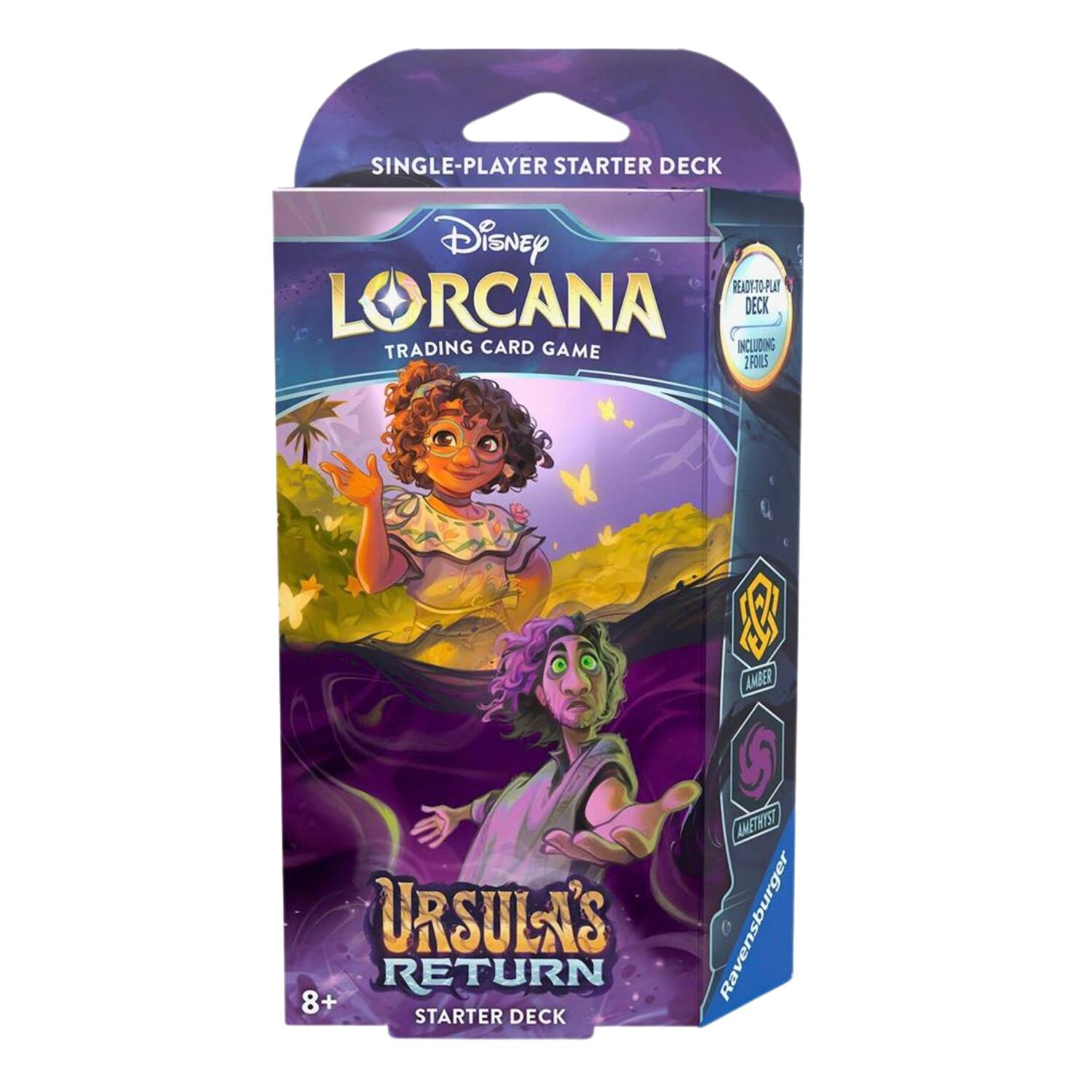 SINGLE-PLAYER STARTER DECK  
Disney LORCANA TRADING CARD GAME  
READY-TO-PLAY DECK INCLUDING 2 FOILS  
URSULA'S RETURN 8+ STARTER DECK  
AMBER AMETHYST  
Ravensburger