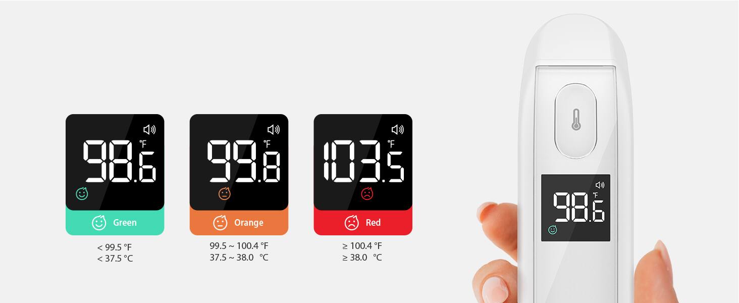 - F 98.6 Green < 99.5 F < 37.5 C
- F 99.8 Orange 99.5 - 100.4 F 37.5 - 38.0 C
- F 103.5 Red ≥ 100.4 F ≥ 38.0 C