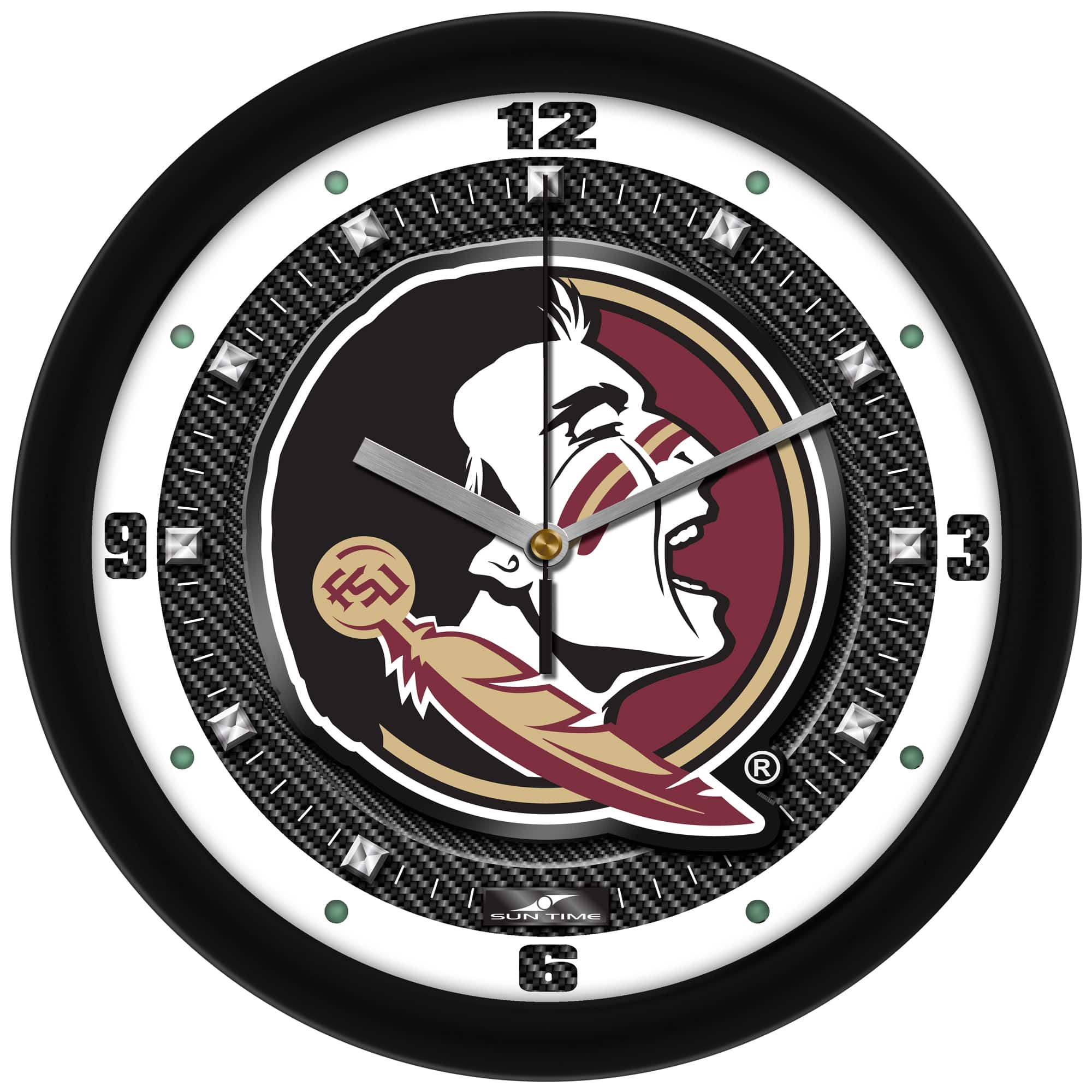 MpDirect - Florida State Seminoles 11.5'' Suntime Premium Glass Face Carbon Fiber Wall Clock - Multicolor