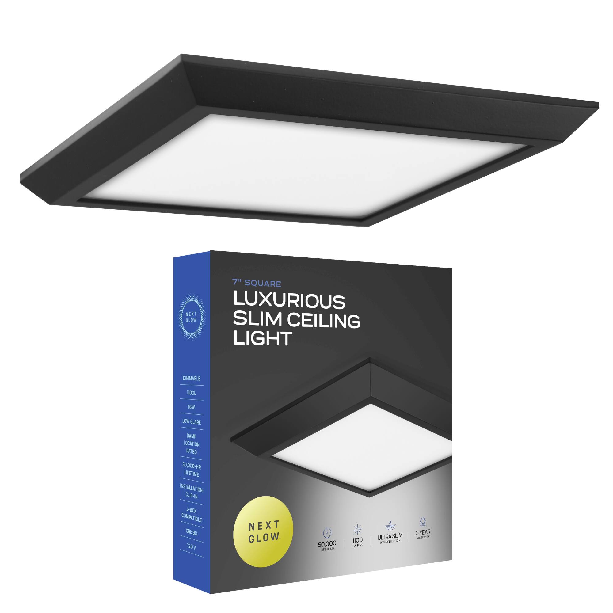 7 SQUARE LUXURIOUS NEXT GLOW SLIM CEILING LIGHT DIMMABLE 10W LOW GLARE DUMPED RADIATED 50,000-HR LIFETIME INSTALLATION CLIP-IN COMPATIBLE 120V NEXT GLOW 50,000 100 LUMINOUS ULTRA SLIM 3 YEAR