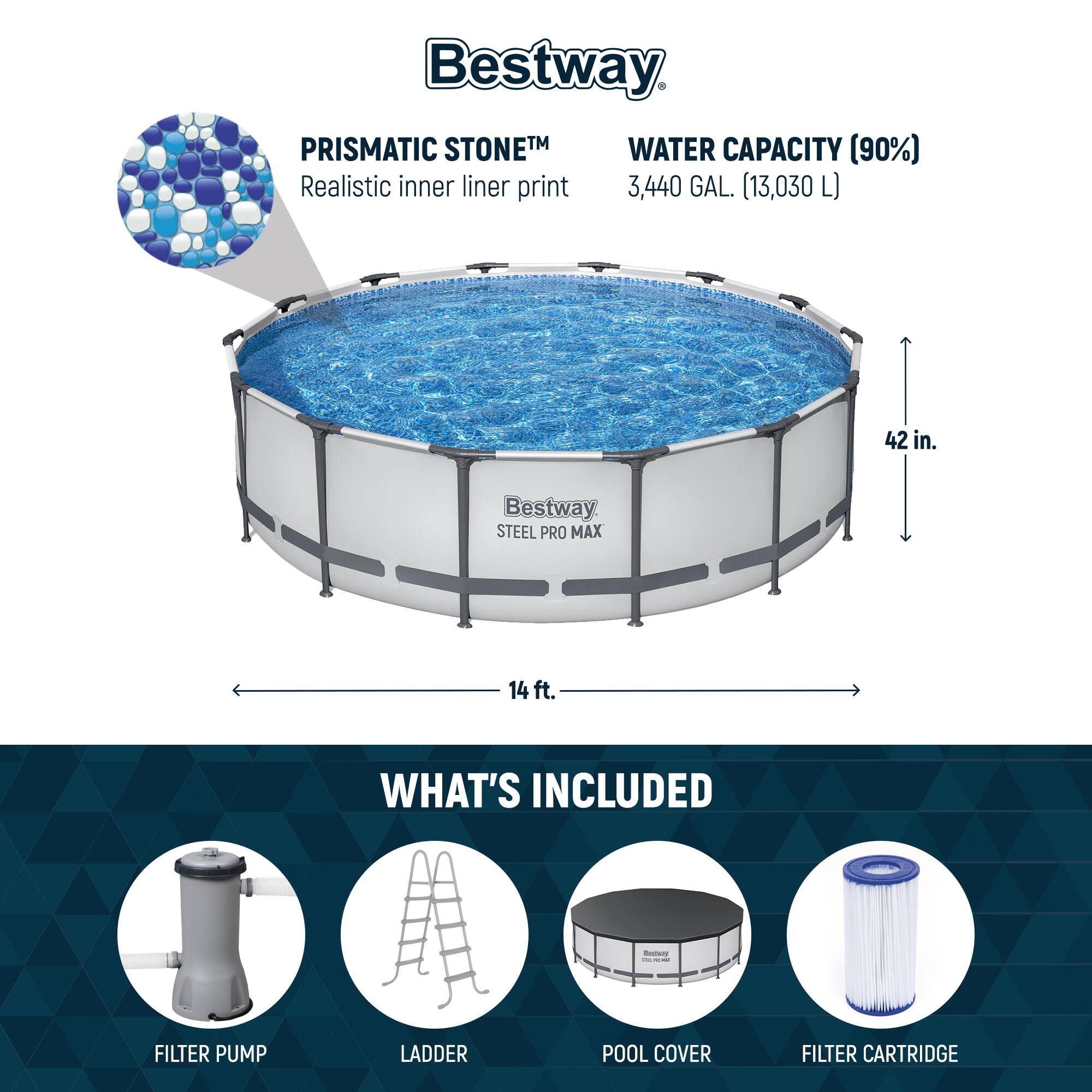 Bestway PRISMATIC STONETM  
Realistic inner liner print

WATER CAPACITY (90%)  
3,440 GAL. (13,030 L)

42 in.

14 ft.

WHAT'S INCLUDED  
- FILTER PUMP  
- LADDER  
- POOL COVER  
- FILTER CARTRIDGE