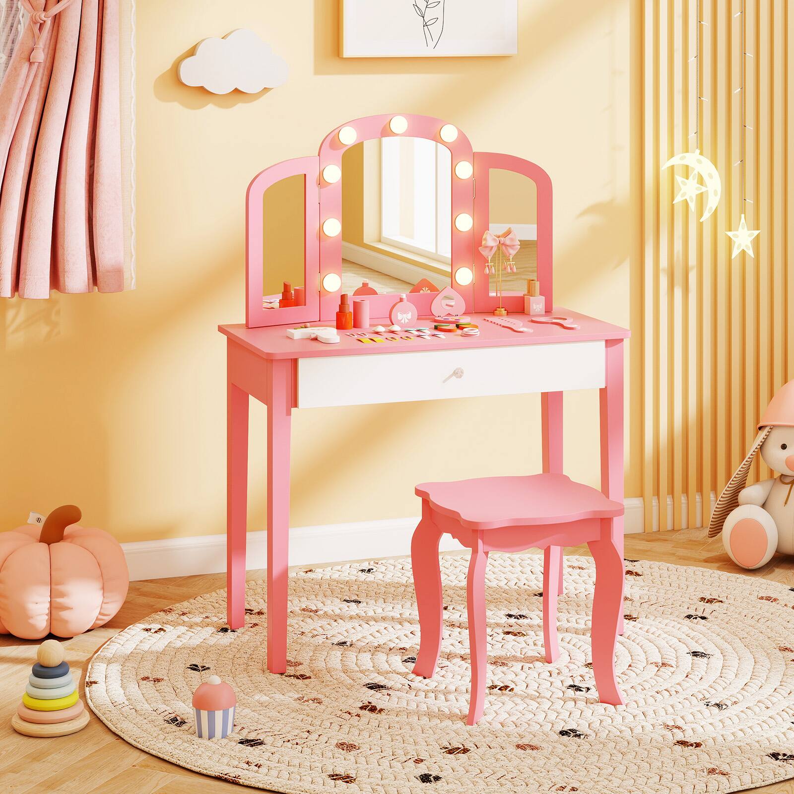 Alt View 4. Gymax - Gymax Kids Vanity Table Set 2-in-1 Princess Makeup Dressing Desk w/Mirror Stool Drawer Pink - Pink.