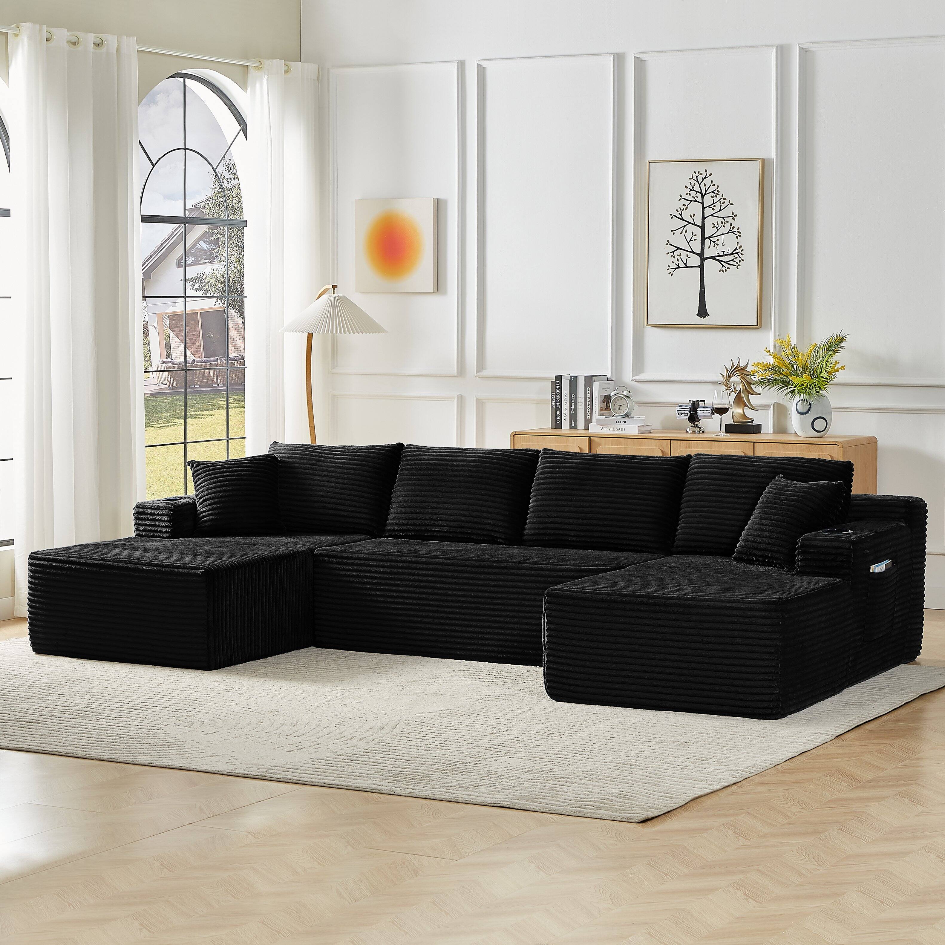 Alt View 3. Aukfa - U-Shaped Sectional Sofa Set - Minimalist Modular Design, Corduroy Cloud Couch for Living Room - Black.
