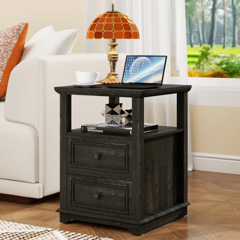 Vipbear - Farmhouse Nightstand with Charging Station 18" White Night Stand Set of 2 Drawers Wood Bedside End Table - Gray