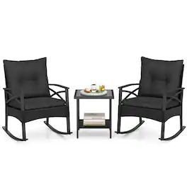 Mondawe - 3 Piece Outdoor Rattan Rocking Chairs Set with 2-Tier Side Table for Garden Backyard - Black