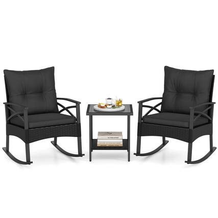 Front. Mondawe - 3 Piece Outdoor Rattan Rocking Chairs Set with 2-Tier Side Table for Garden Backyard - Black.