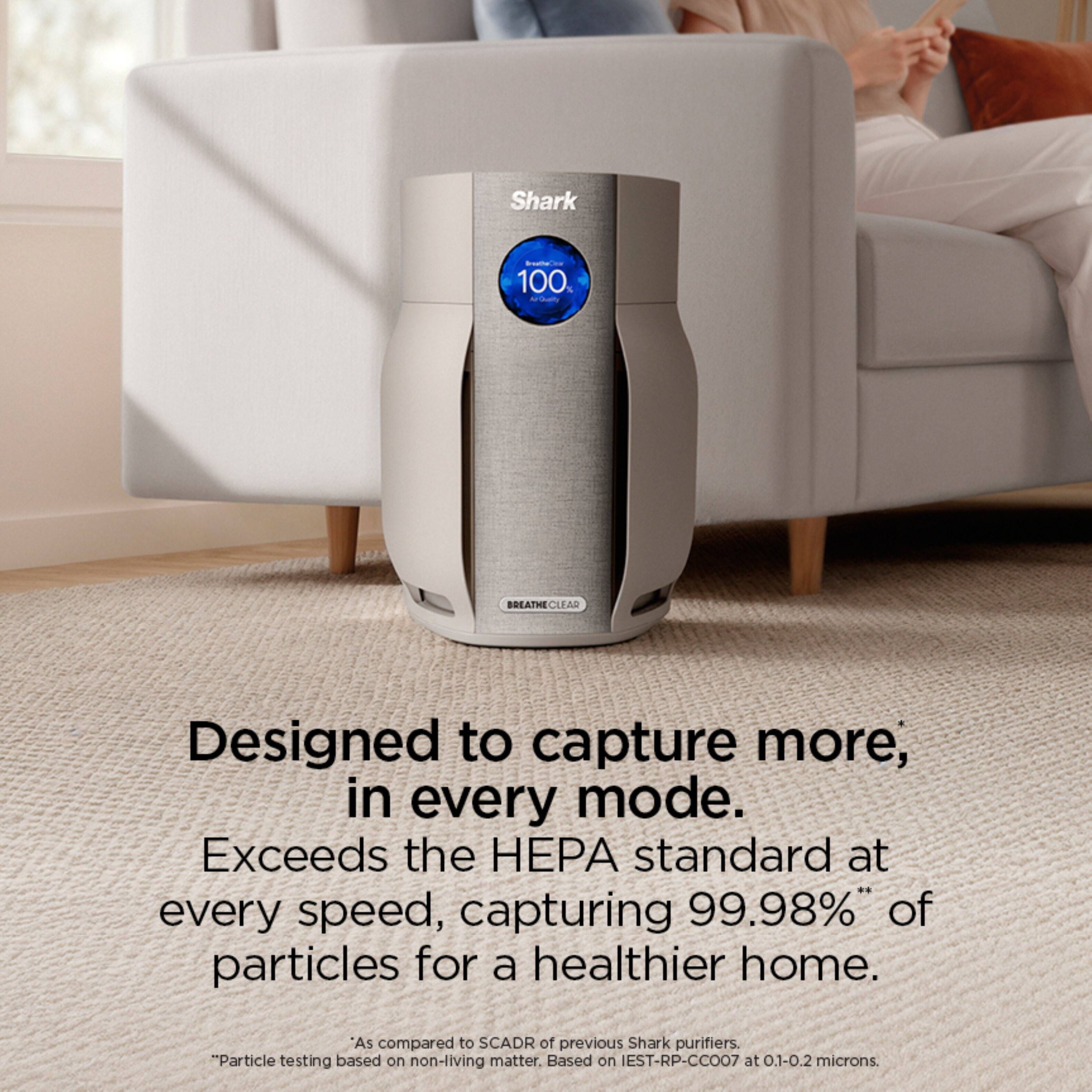 Shark 100.  
Ardum BREATHE CLEAR  
Designed to capture more, in every mode.  
Exceeds the HEPA standard at every speed, capturing 99.98% of particles for a healthier home.  
"As compared to SCADR of previous Shark purifiers."  
"Particle testing based on non-living matter. Based on IEST-RP-CCOO7 at 0.1-0.2 microns."