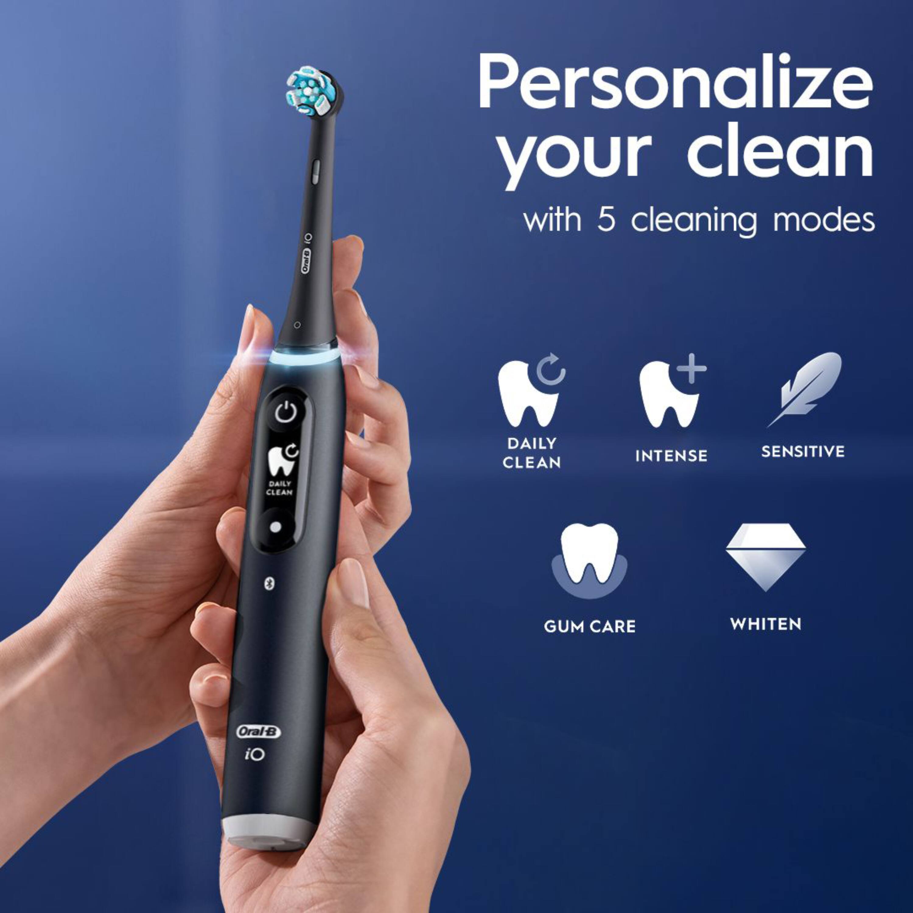 Personalize your clean with 5 cleaning modes

- DAILY CLEAN
- INTENSE
- SENSITIVE
- GUM CARE
- WHITEN

Oral-B iO