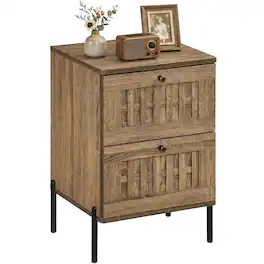 Gymax - Nightstand w/2 Woven Storage Drawers Metal Support Legsfor BedroomRustic Oak - Yellow