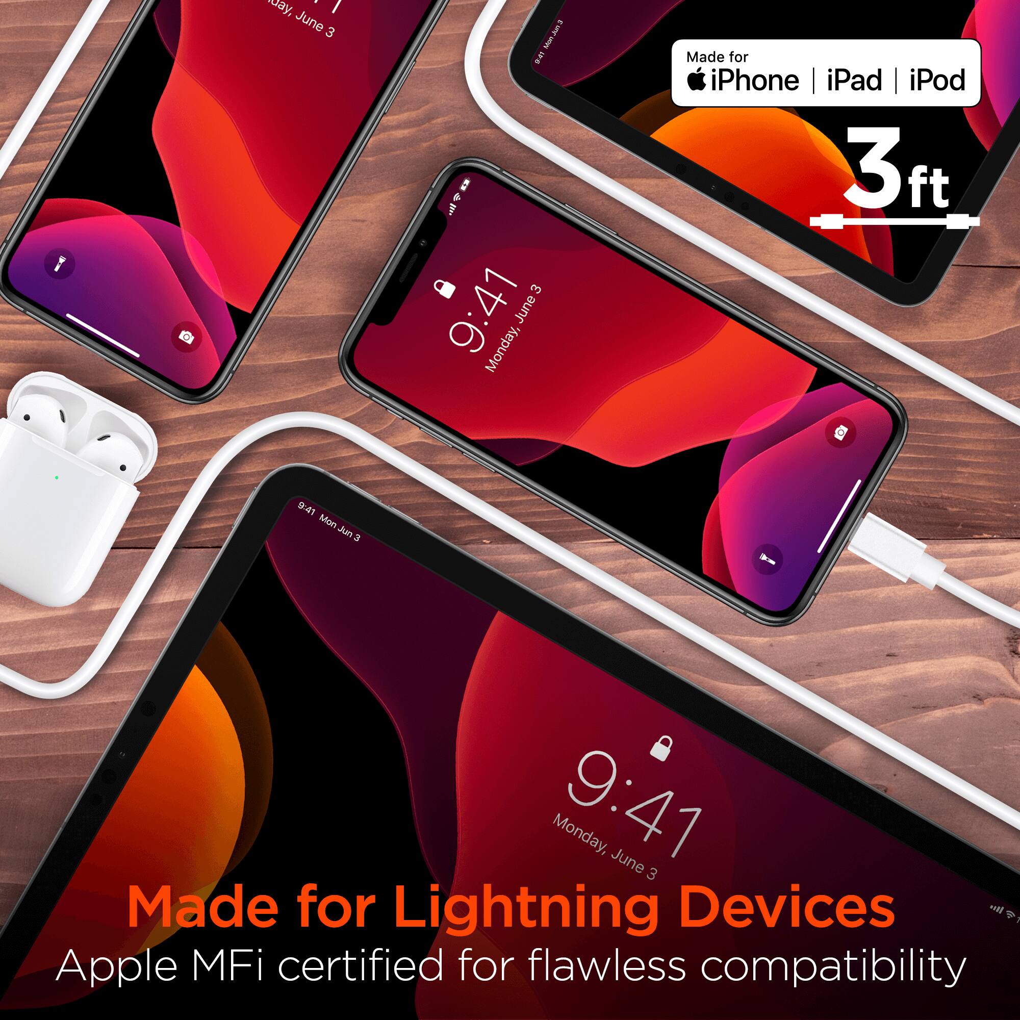 I say, . ./ June 3 9:41 June Monday, Made for iPhone iPad iPod 3ft ft D 0.41 Mon nLL 3 - Monday, 9:41 June 3 Made for Lightning Devices wtl F Apple MFi certified for flawless compatibility